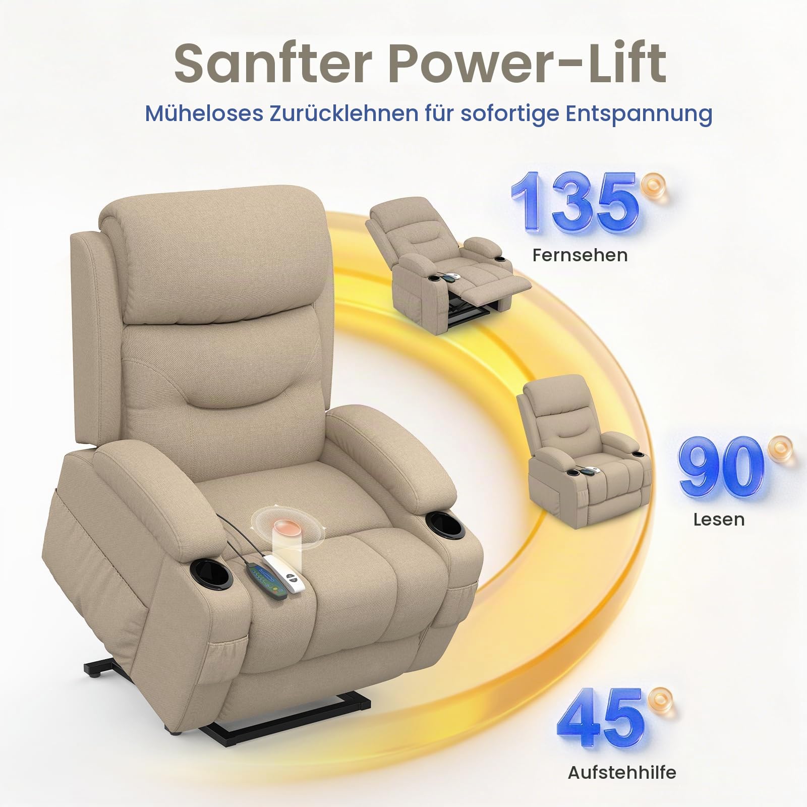 Relaxsessel Fernsehsessel, Massagesessel mit Heizung Elektrischer TV Sessel Liegesessel mit Liegefunktion für Wohnzimmer USB- und Typ-C-Anschlüsse 2 Getränkehalter und 4 Seitentaschen