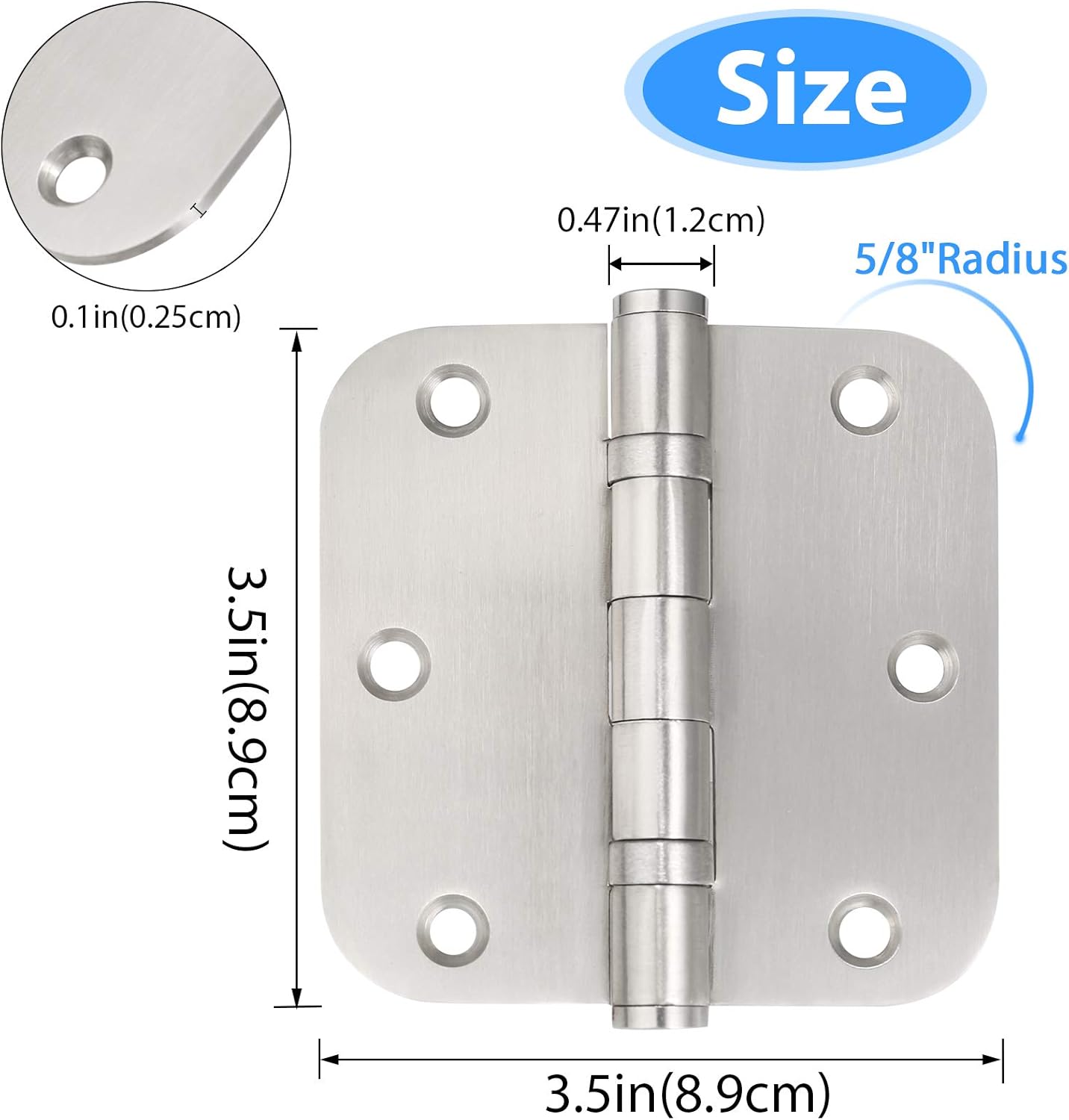 Stainless Steel Door Hinges, 3.5''X 3.5'' Ball Bearing Hinges, Commercial Grade Heavy Duty with 5/8 Inch Radius Corners, 3 Pack (Silver)
