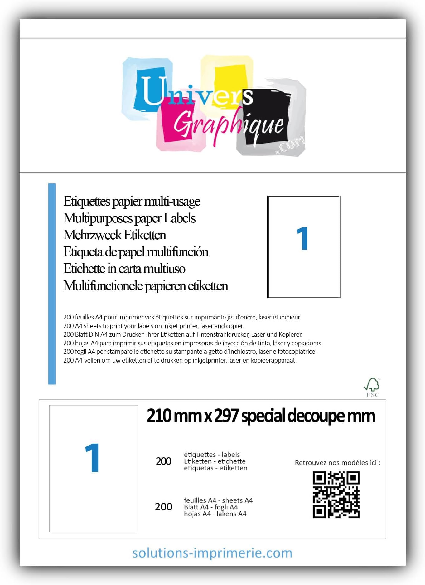 UniversGraphique, 200 A4 Sticker Papers, White Adhesive, 210 X 297 mm Cutout Special, Design and Print Your Labels