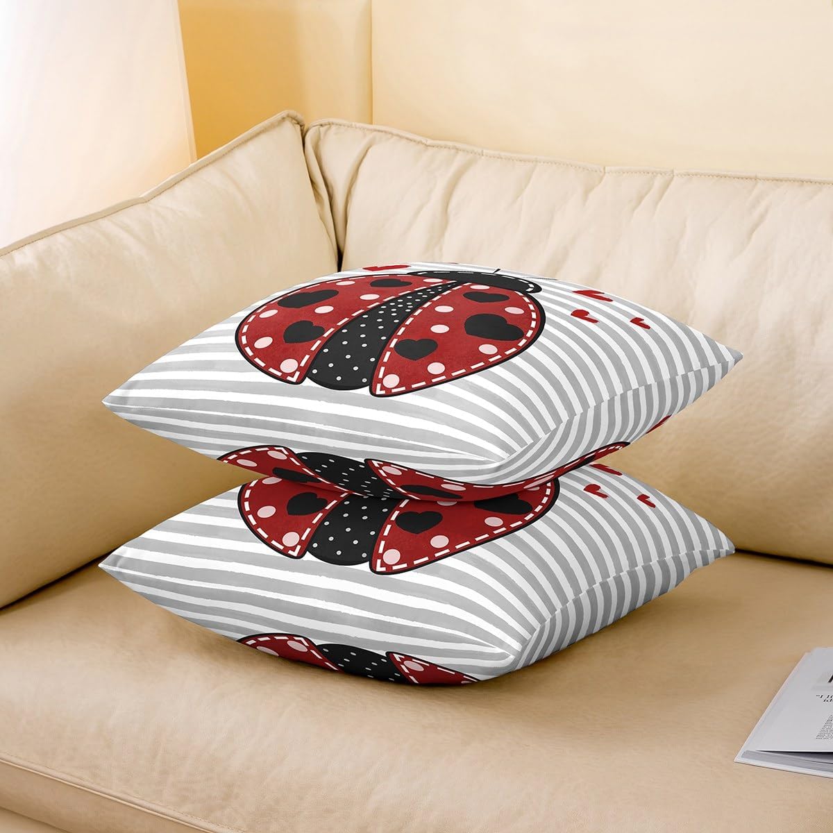 Homewish Cute Ladybug Pillow Covers 18x18 Inch Set of 2 Cartoon Lovely Wild Creature Pillow Cases for Kids Teens Adults Romantic Red Black Hearts Graffiti Cushion Covers for Housewarming Chairs image 3