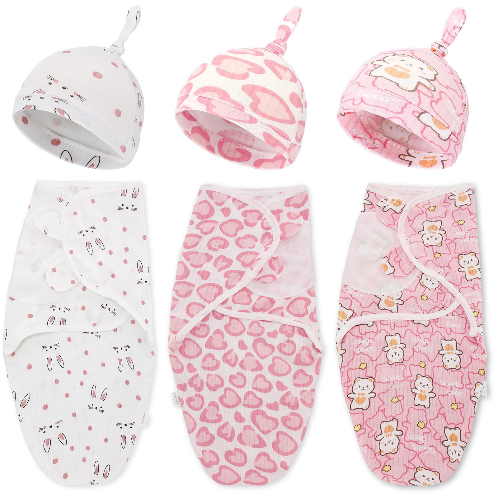 Chuarry 3 Pack Preemie Swaddle Blanket with Hat Set Preemie Hats Baby Receiving Blanket Swaddle Wrap for Newborn(Cute Style)