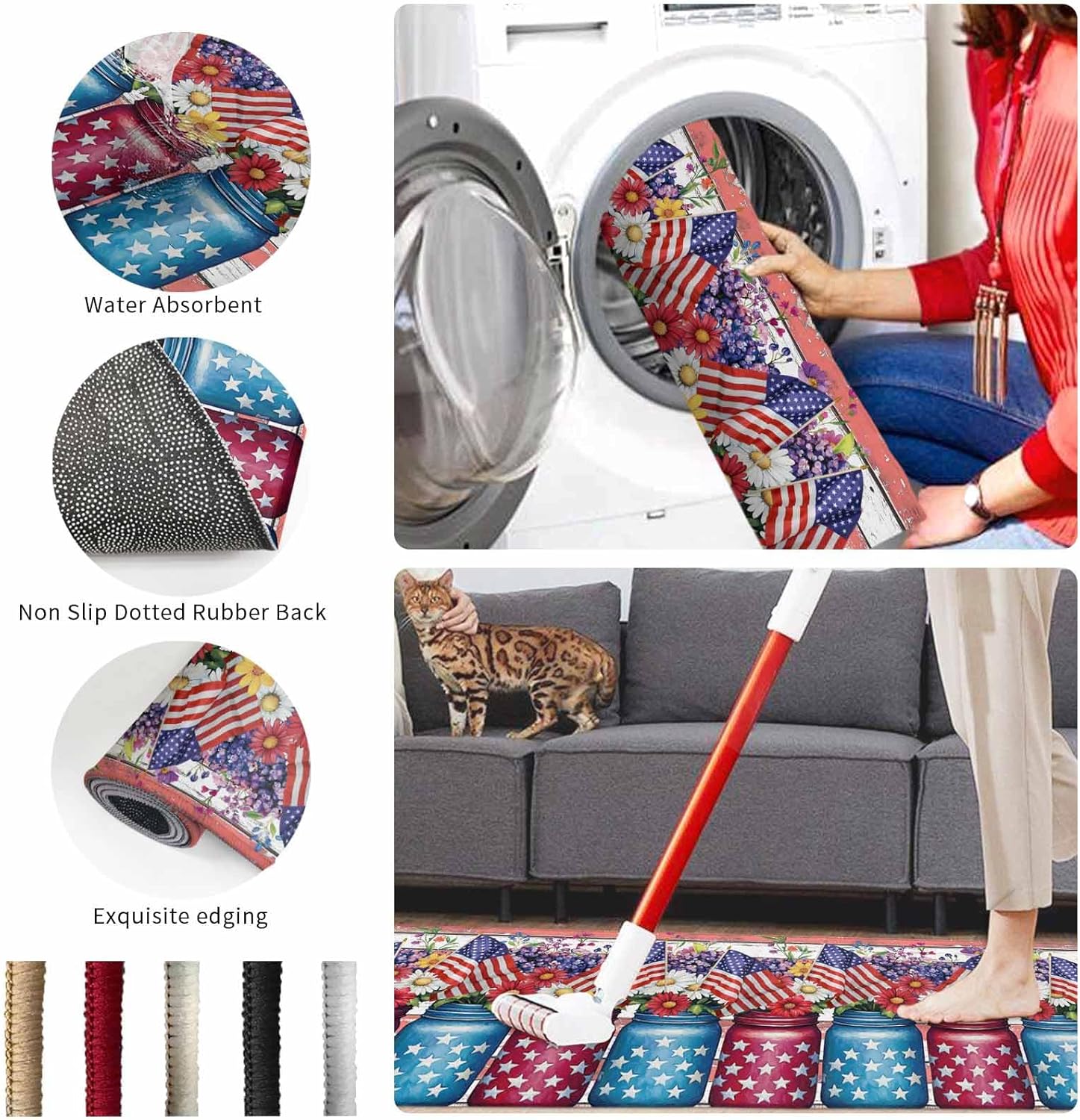 2 Pieces Kitchen Rugs and Mats,4th of July American Flag on Wood Area Runner Rug Set Non Slip Floor Doormat Washable Carpet Standing Mat for Kitchen Sink Indoor Corridor,Red Blue Flower Star Bottle