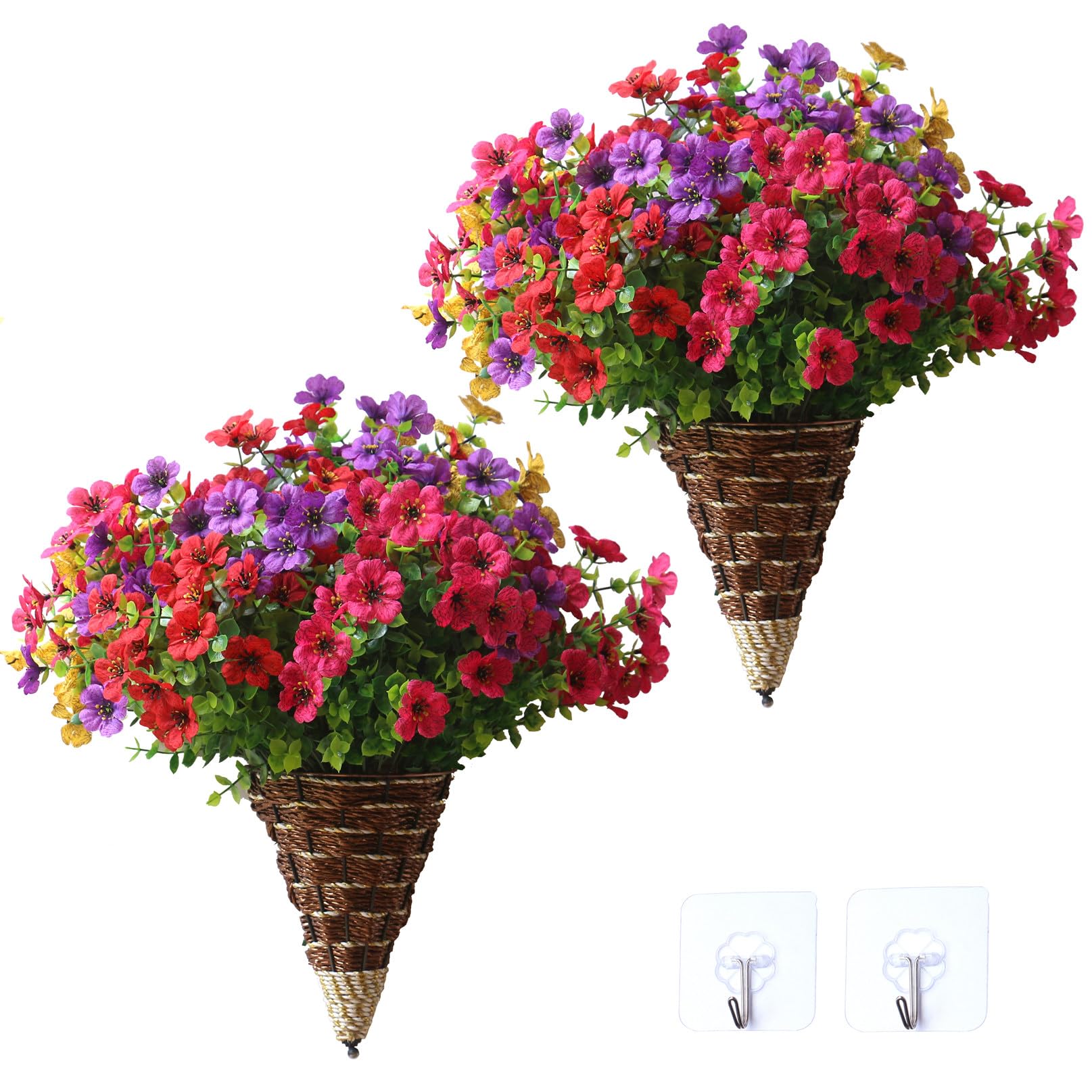 2PCS Artificial Hanging Flowers Plants with Wall Hanging Basket Indoors Outdoor UV Resistant Fake Silk Flower in Hanging Planter for Porch Front Door Garden Home Patio Living Room