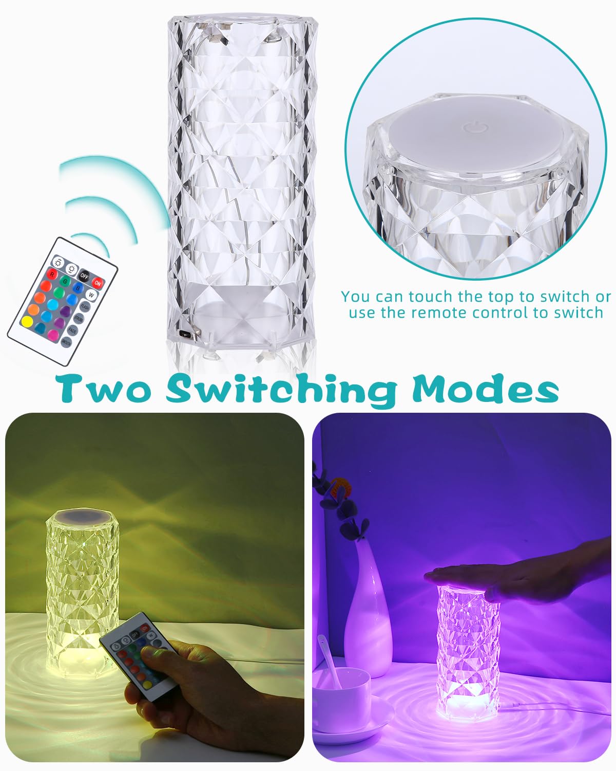Lampada da tavolo a LED, abat-jour, abat-jour, lampada da soggiorno, lampada in cristallo con touch dimmer, batteria ricaricabile, cavo USB, bianco caldo/bianco freddo, H 26 cm
