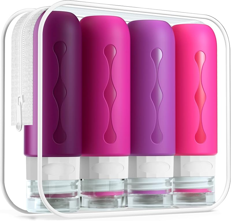 Frascos de viagem Gemice para produtos de higiene, silicone, abertura ampla, roxo, 90 mL
