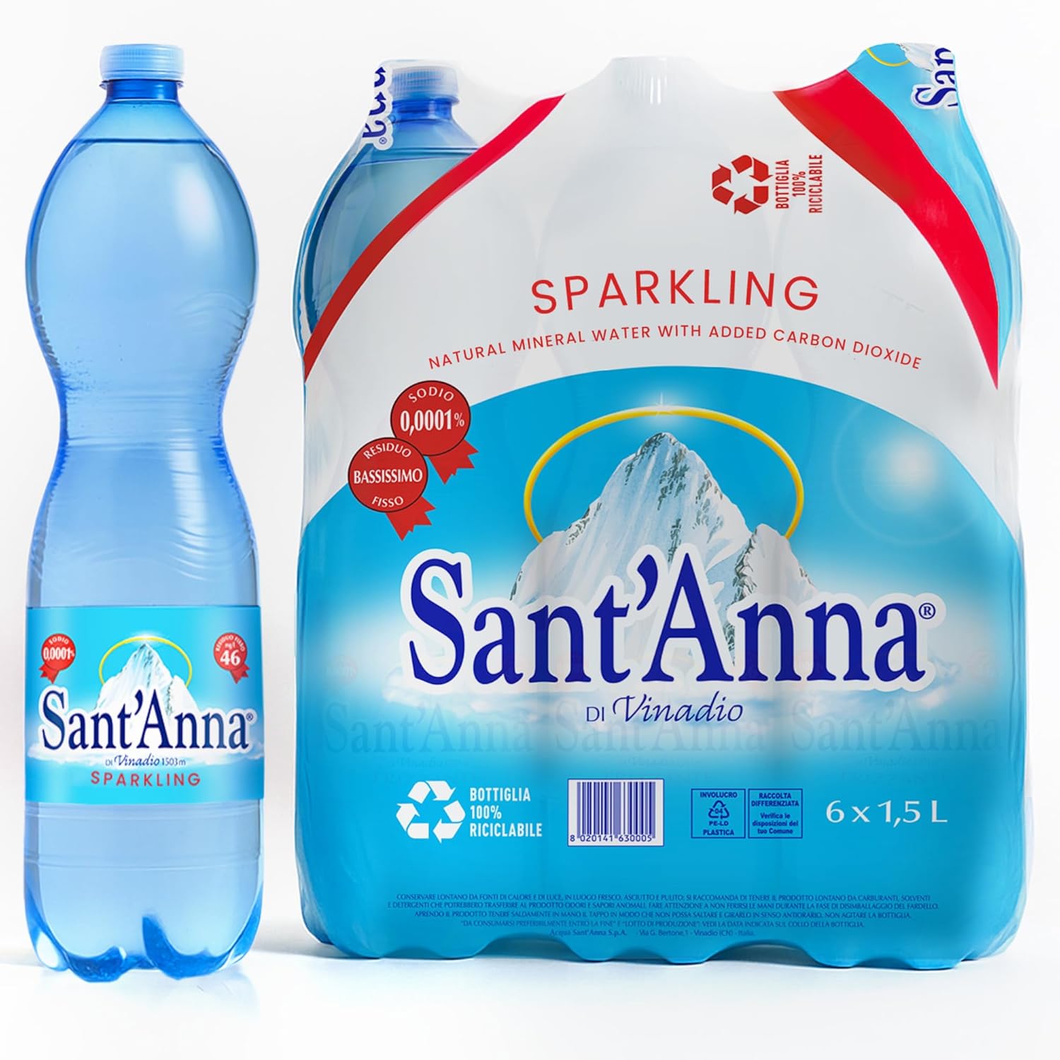 Sant'Anna Sparkling Natural Mineral Water, 50.7 Fl Oz (6-Pack) | Pure Italian Alps Mountain-Fresh Drinking Water | Natural Functional Drink | Sodium-Free Mineral in BPA-Free Bottles