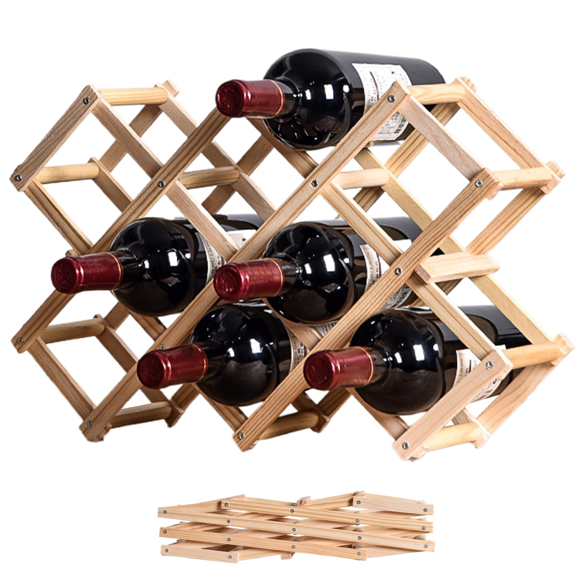 Gcroet Wooden Wine Rack Foldable Wine Racks for 10 Bottles Modern Style Free Standing Racks Sturdy Bottle Holder Stand Display Shelf for Tabletop Cupboard..