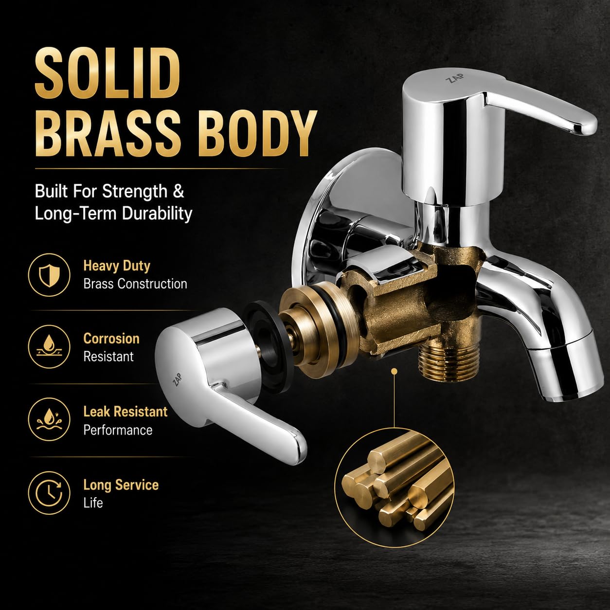 ZAP 2-in-1 Brass Bib Cock Tap for Bathroom & Kitchen | Dual Outlet Wall Mounted Faucet with Foam Flow Aerator | Quarter Turn Handle | Chrome Finish Two Way Water Tap with Wall Flange 1