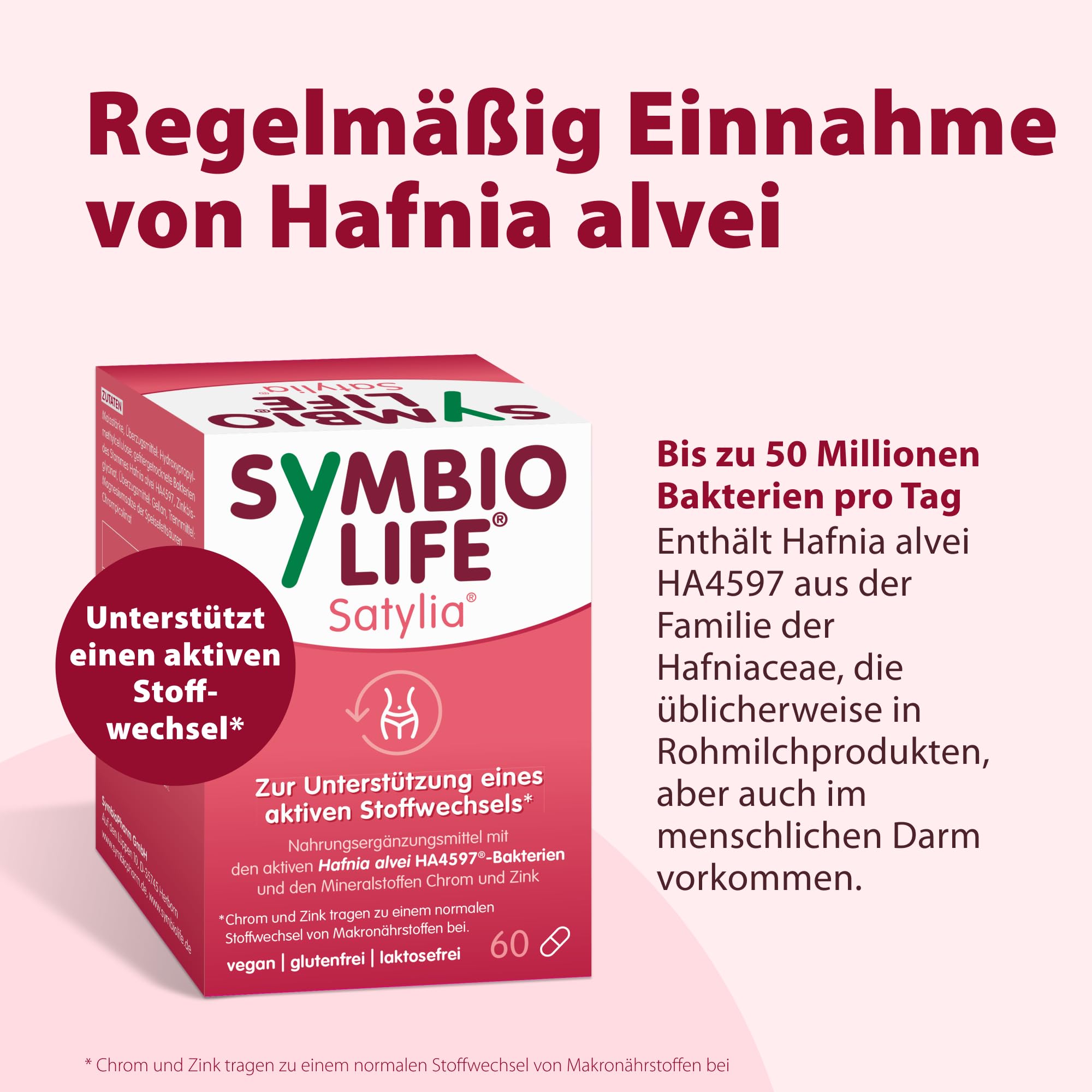 SymbioLife Satylia unterstützt den aktiven Stoffwechsel, 60 Kapseln | Mit Hafnia alvei HA4597, Chrom-Picolinat & Zink-Bisglycinat - vegan, glutenfrei, laktosefrei, magensäureresistent