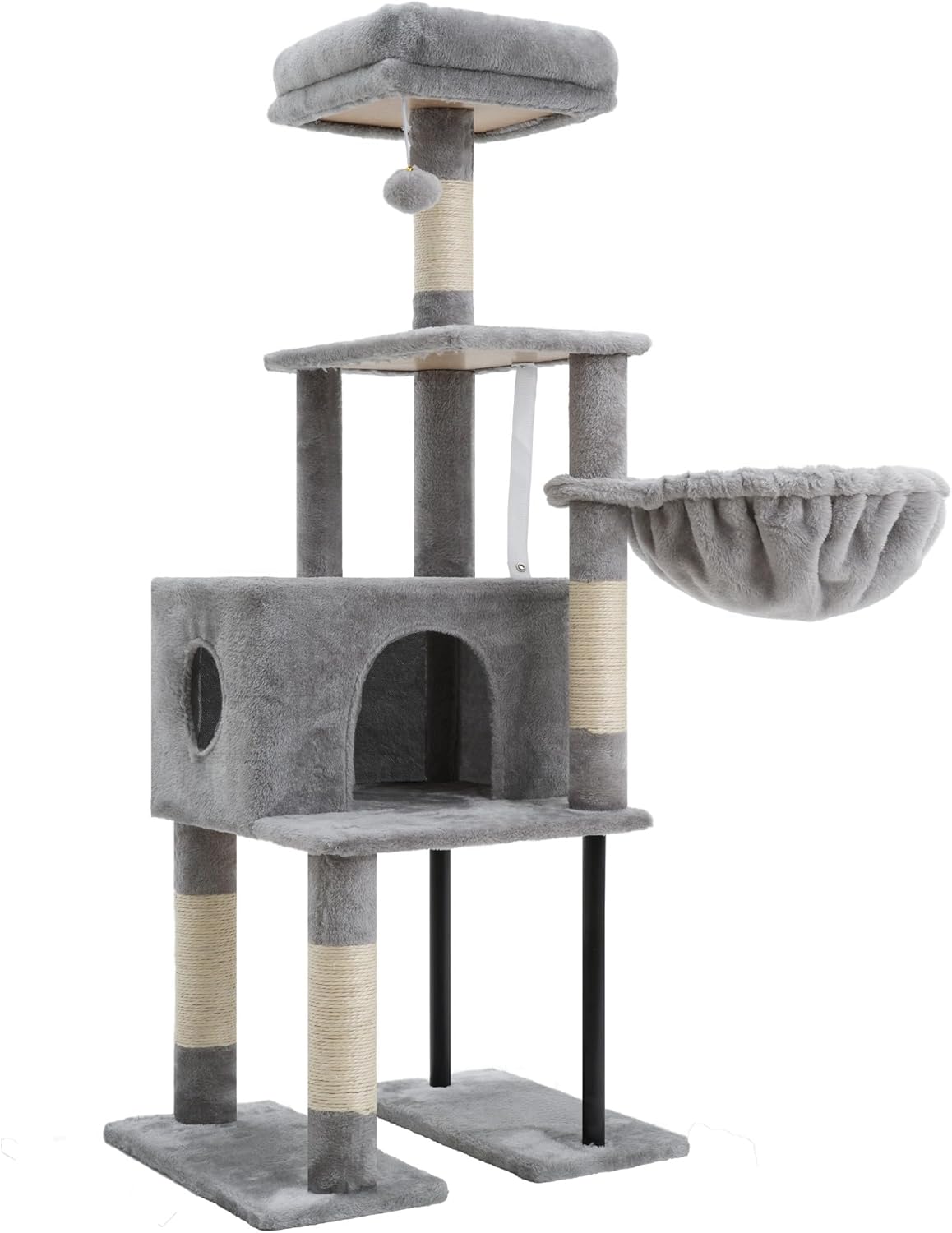 Heybly Cat Tree, 49.2 Inches Cat Tower for Indoor Cats, Spacious Cat House Condo with Hidden Space，Sturdy Steel Tube，Soft Plush Top Perch，Cozy Hammock and Sisal Scratching Posts, Light Gray HCT200SW