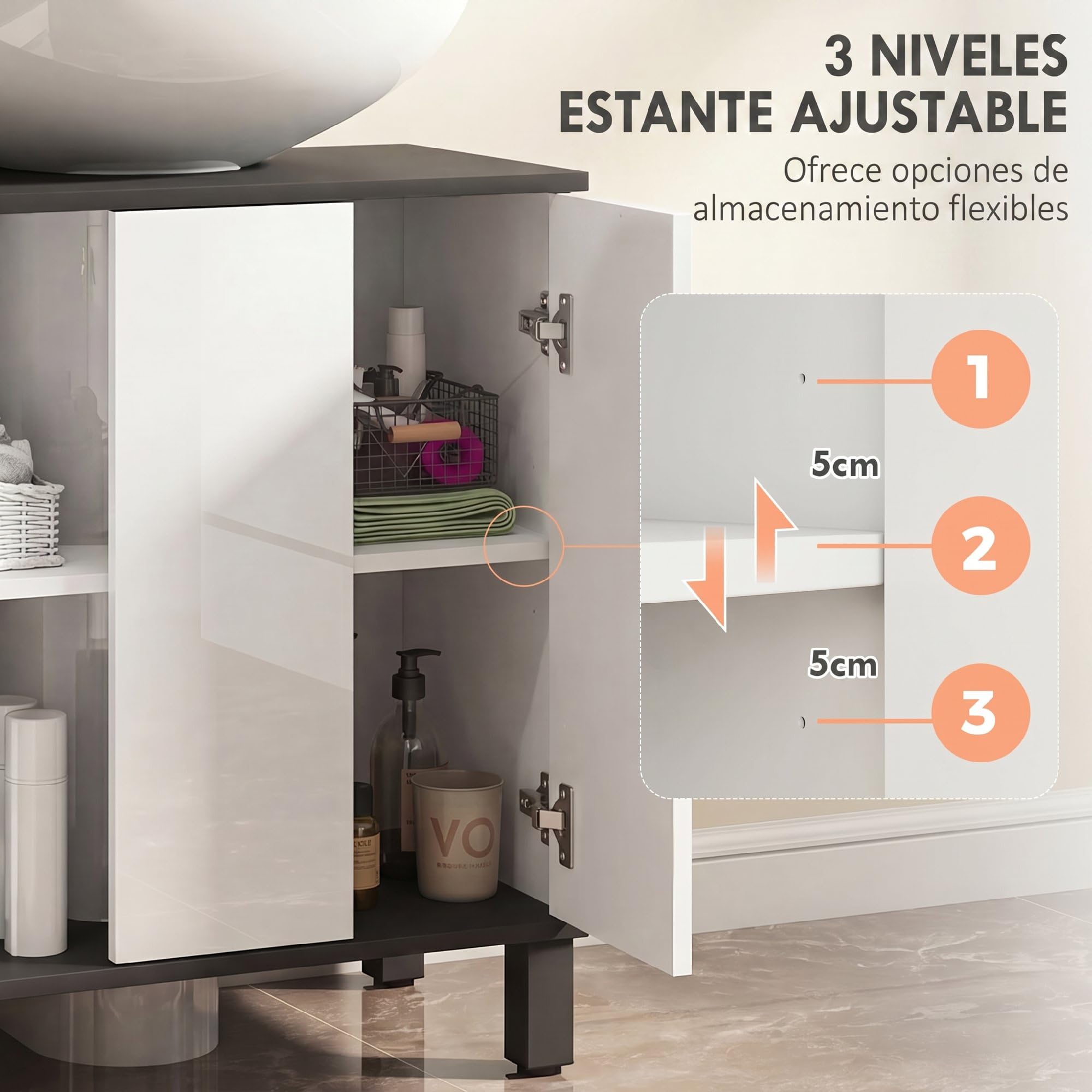 HOMCOM Mueble Bajo Lavabo, Mueble de Baño Compacto con Estante Ajustable, 2 Puertas, Estilo Moderno, para Lavabo con o sin Pedestal, 60x34x70 cm, Blanco Brillo