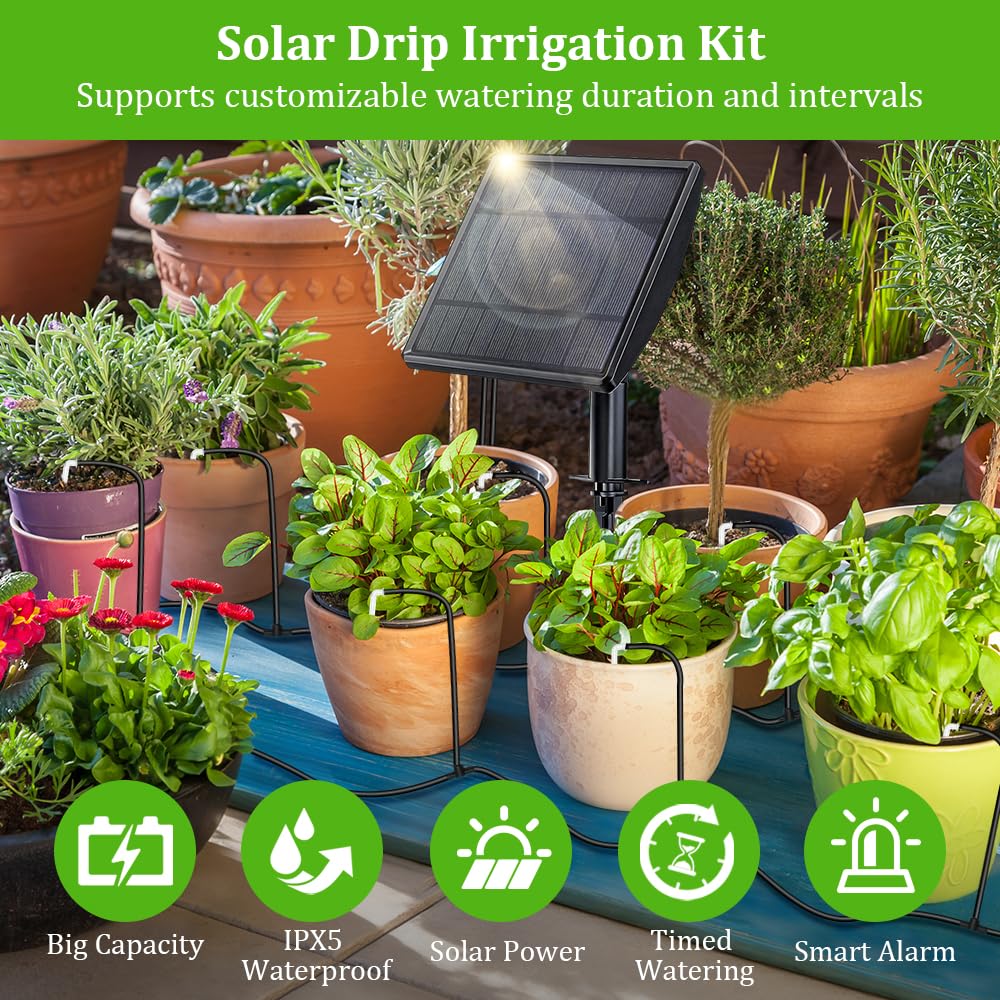 Solar Bewässerungssystem, Automatische BewäSserung für Pflanzen im Urlaub, Automatisches Solar Tropfbewässerung mit 15M Tropfschlauch für Garten, Balkon Pflanzen,Topfpflanzen,Kübelpflanzen im Freie