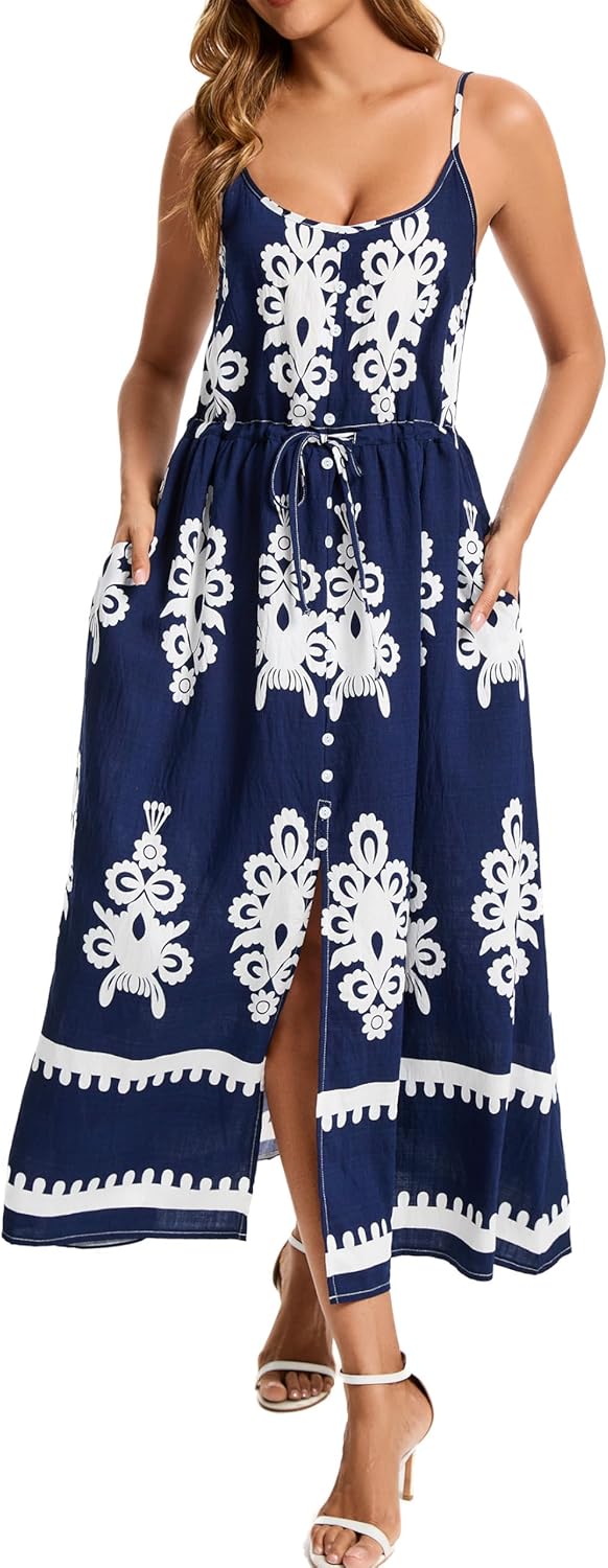 Kormei Women Summer Beach Dress Casual Boho Floral Sundress Spaghetti Strap Flowy Maxi Dresses with Pockets - Image 4