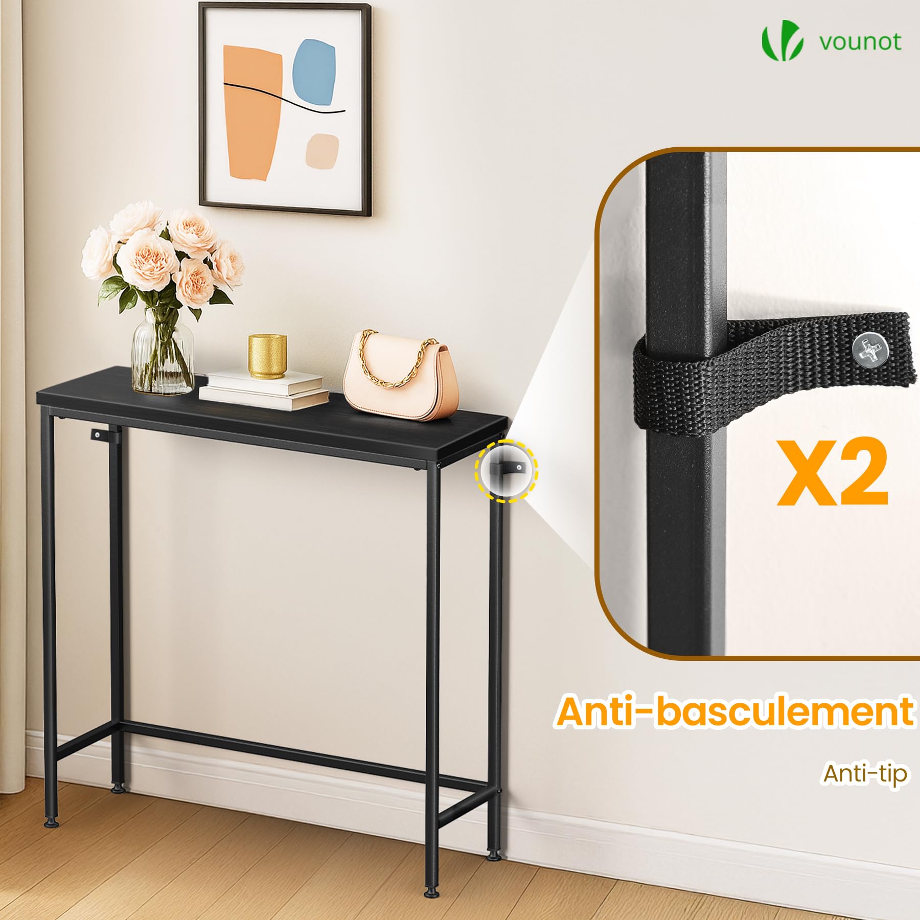 vounot® Table Console en Métal et MDF Table d’Entrée Petite Table de Présentation Bout de Canapé pour Couloir Entrée Salon Bureau Chambre 75x24x75 cm Noir