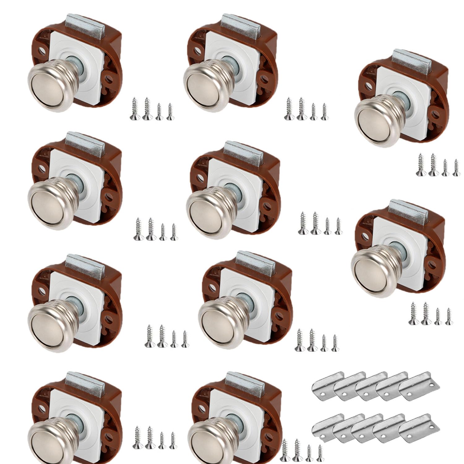 10 Pièces Bouton Poussoir,avec Pièces d'assemblage,pour Porte de Caravane,Van,Yacht Drawer Cabinet,Placard,Tiroir (Marron)
