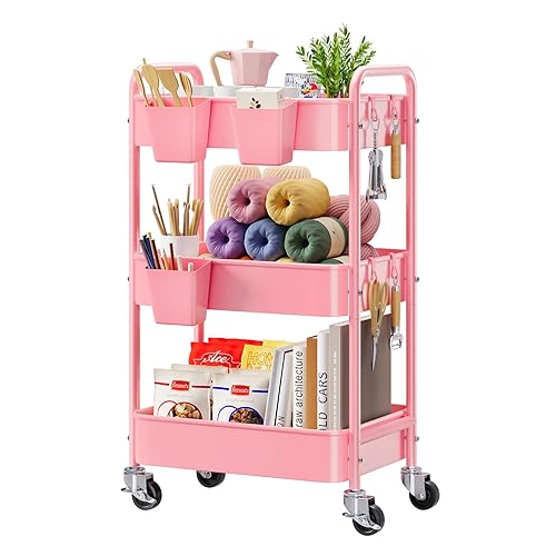 Aofure 3 Tier Rolling Cart Metal with Lockable Wheels, Pink Three Tiered Diaper Caddy Cart Organizer on Wheels, Storage Utility Trolley Carts for Craft, Art, Nail, Lash, Baby Supplies, Cleaning, Mesh - Pink
