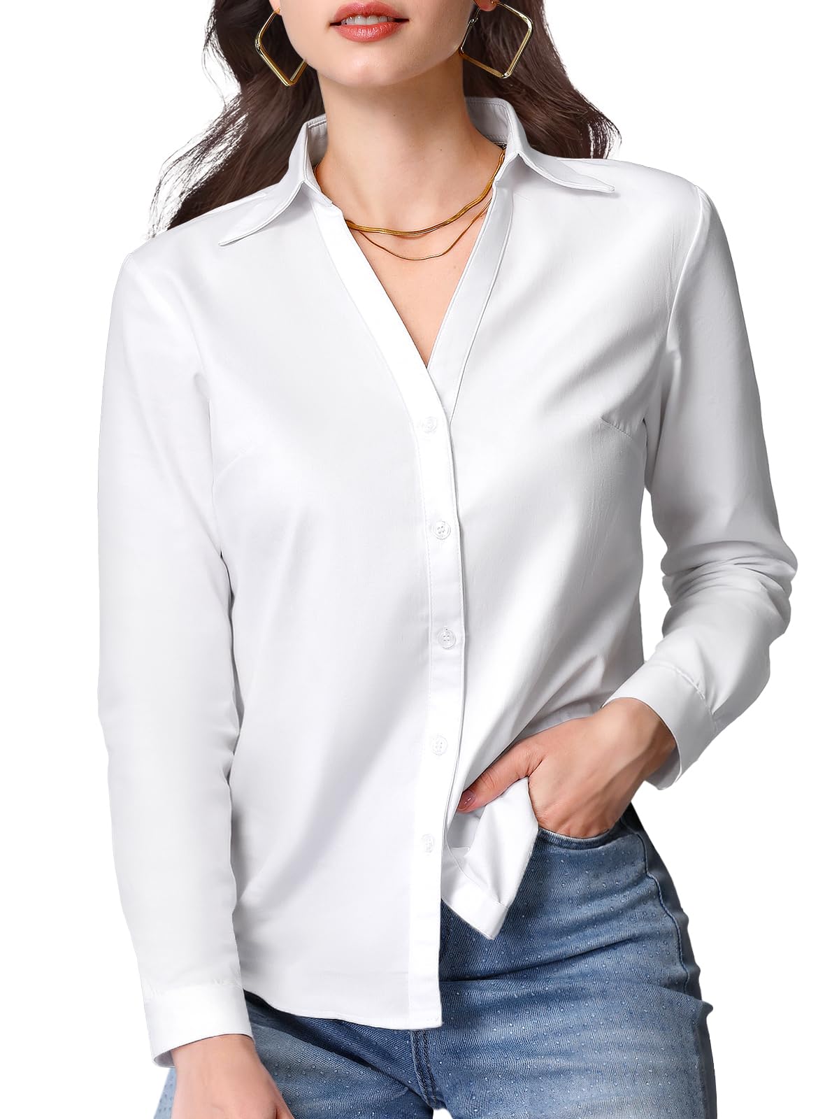 Growmax Bluse Damen 100% Baumwolle Blusen Damen V-Ausschnitt Damenblusen Langarm Bürokleidung Weiße