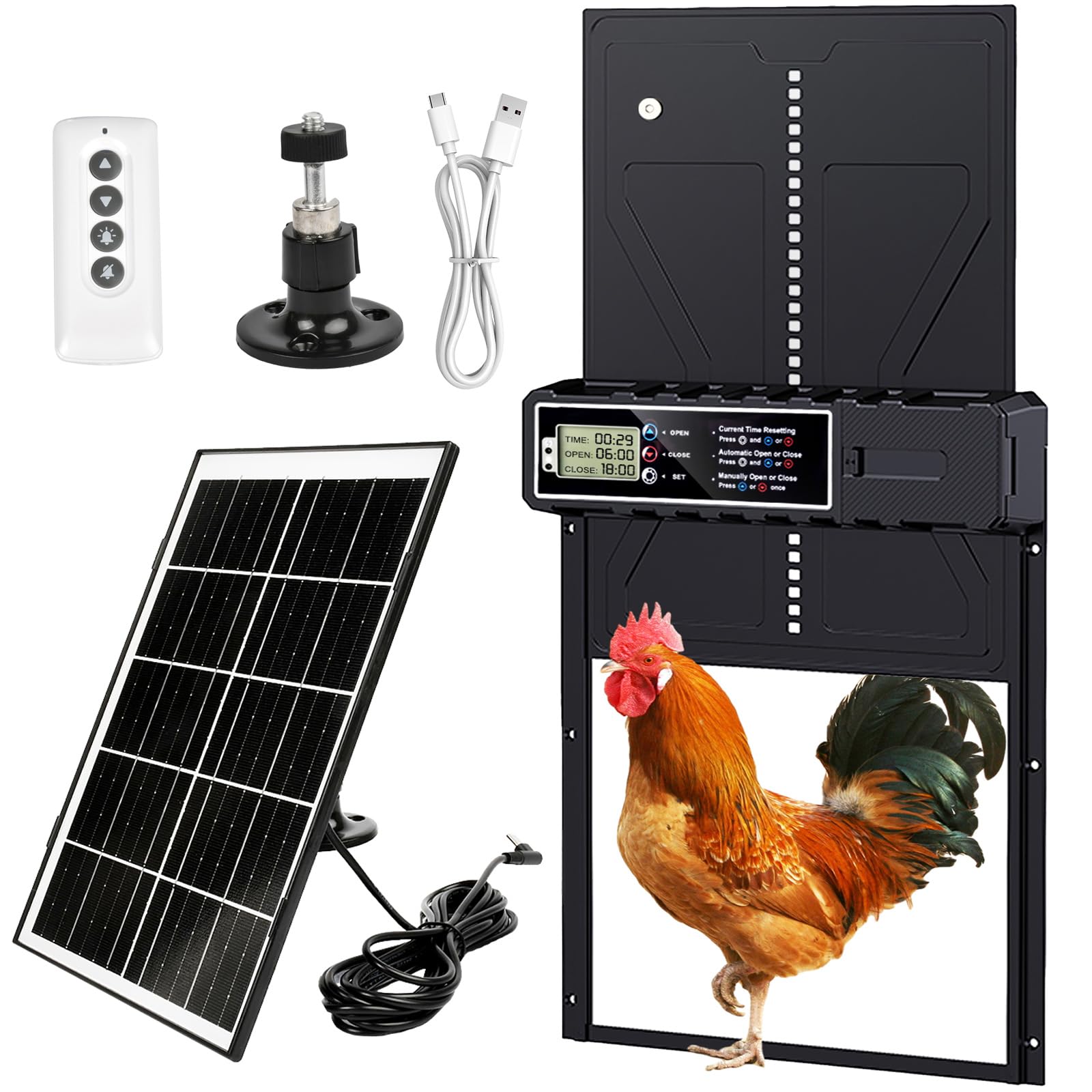 Grande Taille Porte Poulailler Automatique Solaire,Automatique Poulailler en Aluminium avec 7W Panneaux Solaires, Deux méthodes de Chargement Minuterie, Affichage LED, Télécommande