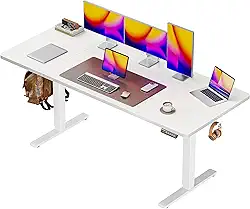 Huuger Mesa elétrica grande de 150 x 71 cm, mesa de computador com altura ajustável, mesa de 70 cm de profundidade, mesa de escritório para jogos de pé com 2 ganchos, 3 alturas predefinidas, para