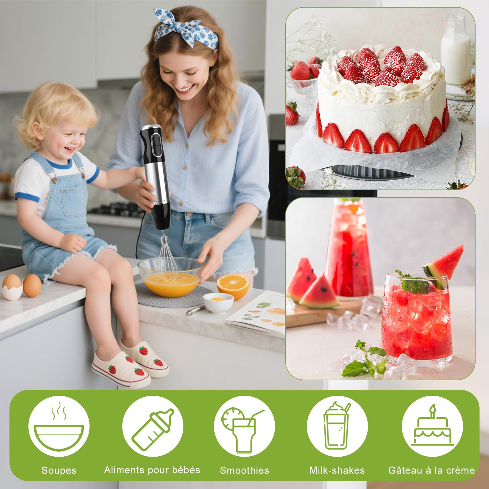 Dreamhigh® Mixeur Plongeant Professionnel 4-en-1, 1000W avec 12 Vitesses + TURBO & 2 Boutons, Inclus Fouet, Hachoir 500ml & Verre Doseur 700ml, Idéal pour Soupes, Smoothies & Purées