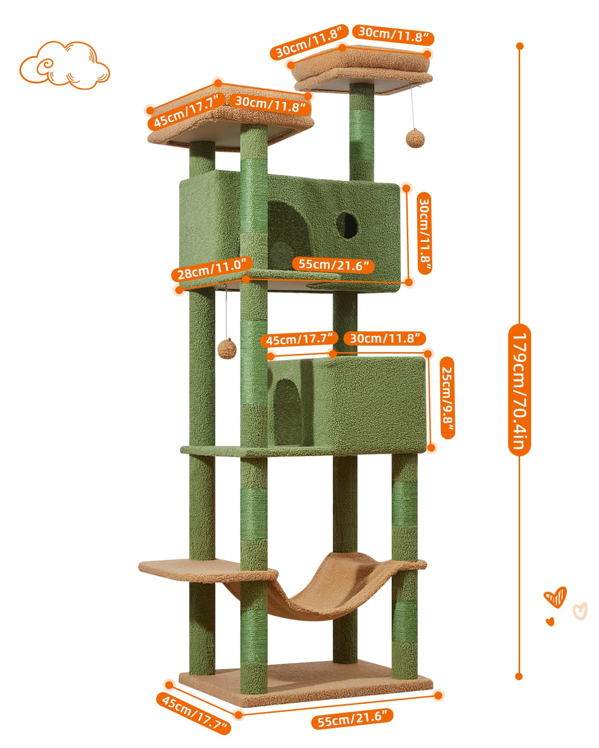 Taoqimiao 70.4-Inch Cat Tree for Large Cats, Plush Multi-Level Cat Condo with 7 Scratching Posts, 2 Luxury Perches, 2 Caves, Hammock, 2 Pompoms, Scratch Board for Indoor Cats MS030LT Cactus