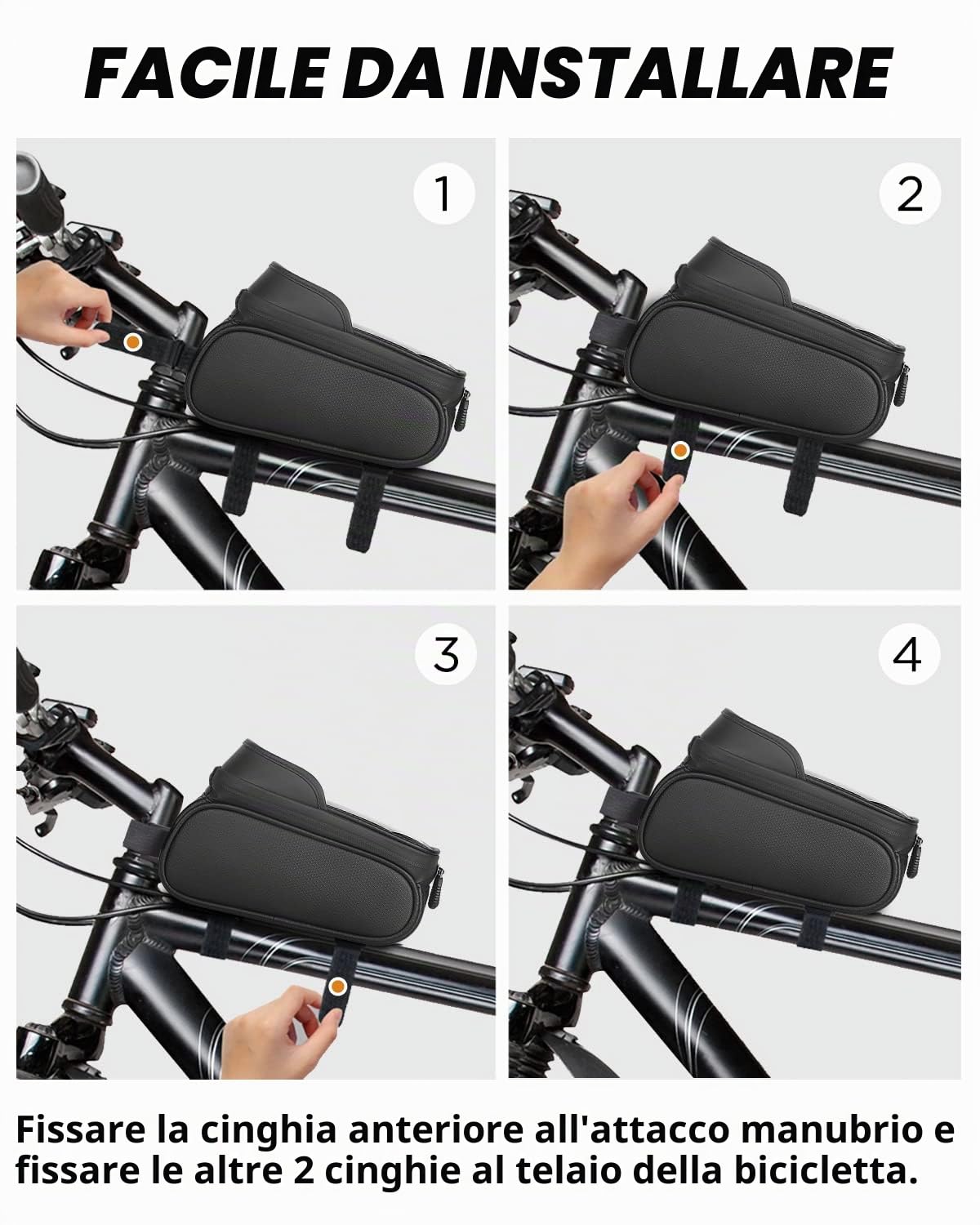 Borsa da bicicletta, telaio per bicicletta, supporto per cellulare, borsa per telaio, borsa per manubrio, supporto per cellulare, borsa superiore con foro per cuffie per smartphone sotto i 6,8" (nero)