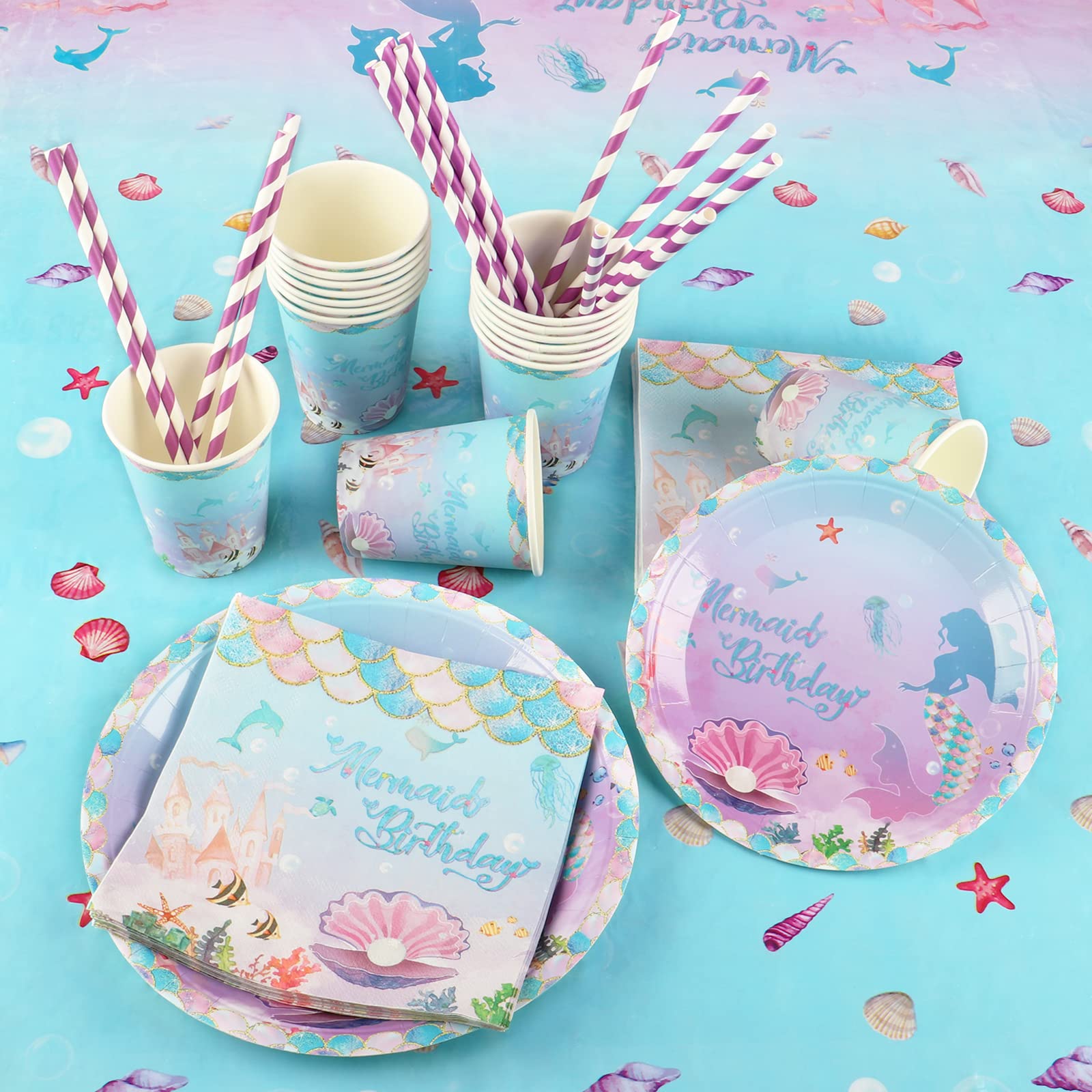 Set Stoviglie A Forma Di Sirena Per 16 Persone – Piatti, Bicchieri, Tovaglioli, Cannucce E Festone – Per Festa Di Compleanno Baby Shower