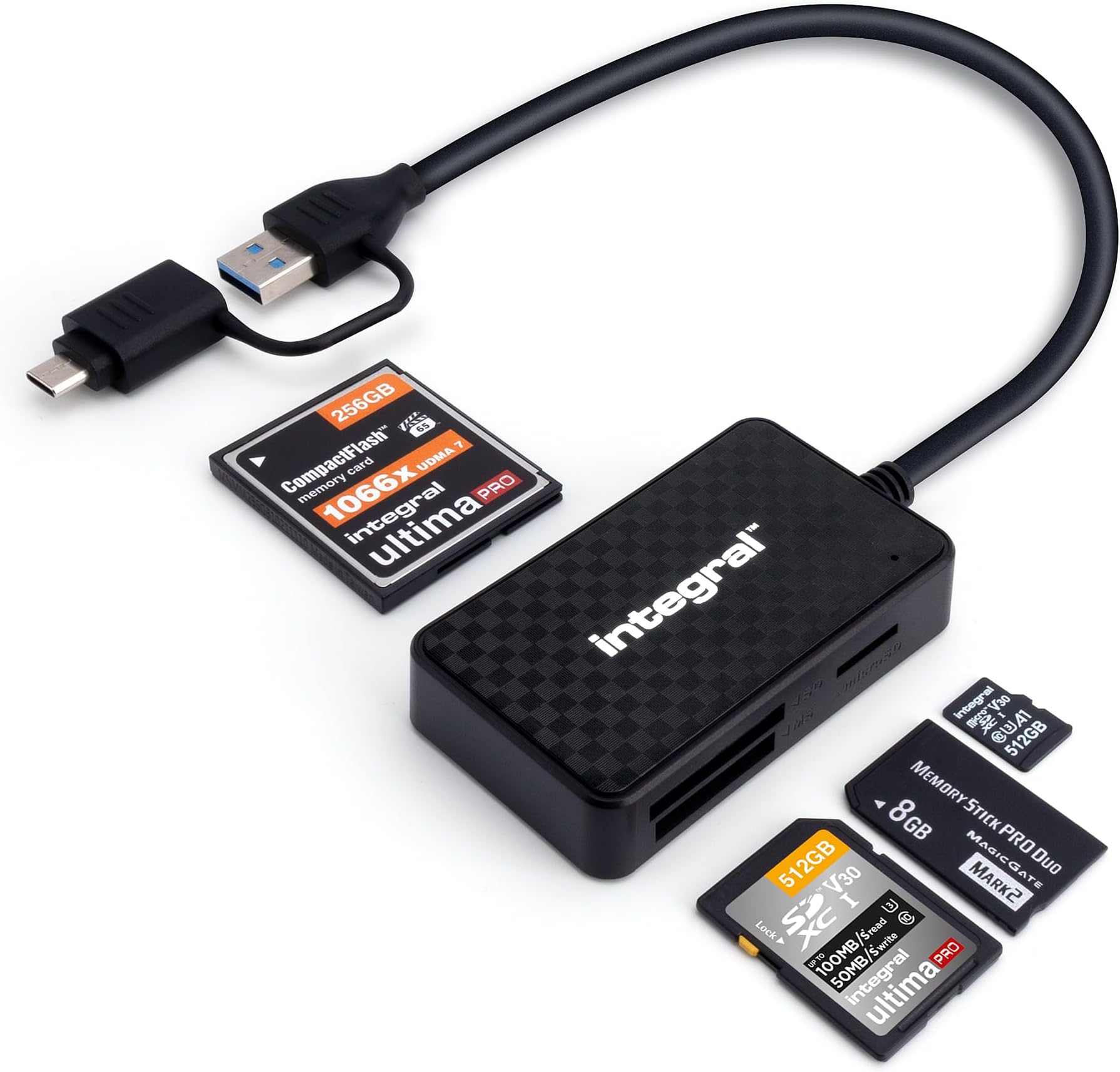 4-in-1 Memory Card Reader - SD, microSD, Compact Flash, Memory Stick Duo & Pro Duo | USB 3.2 Gen 1 Type A Cable with USB C Adapter | For PC, laptop, smartphones, iPhone 15, MacBook & more