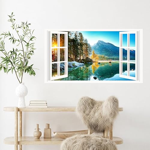 Miniatura 6 de Calcomanías de pared grandes de lago de montaña 3D, calcomanías de pared falsas extraíbles para despegar y pegar, mural de pared de paisaje, paisaje