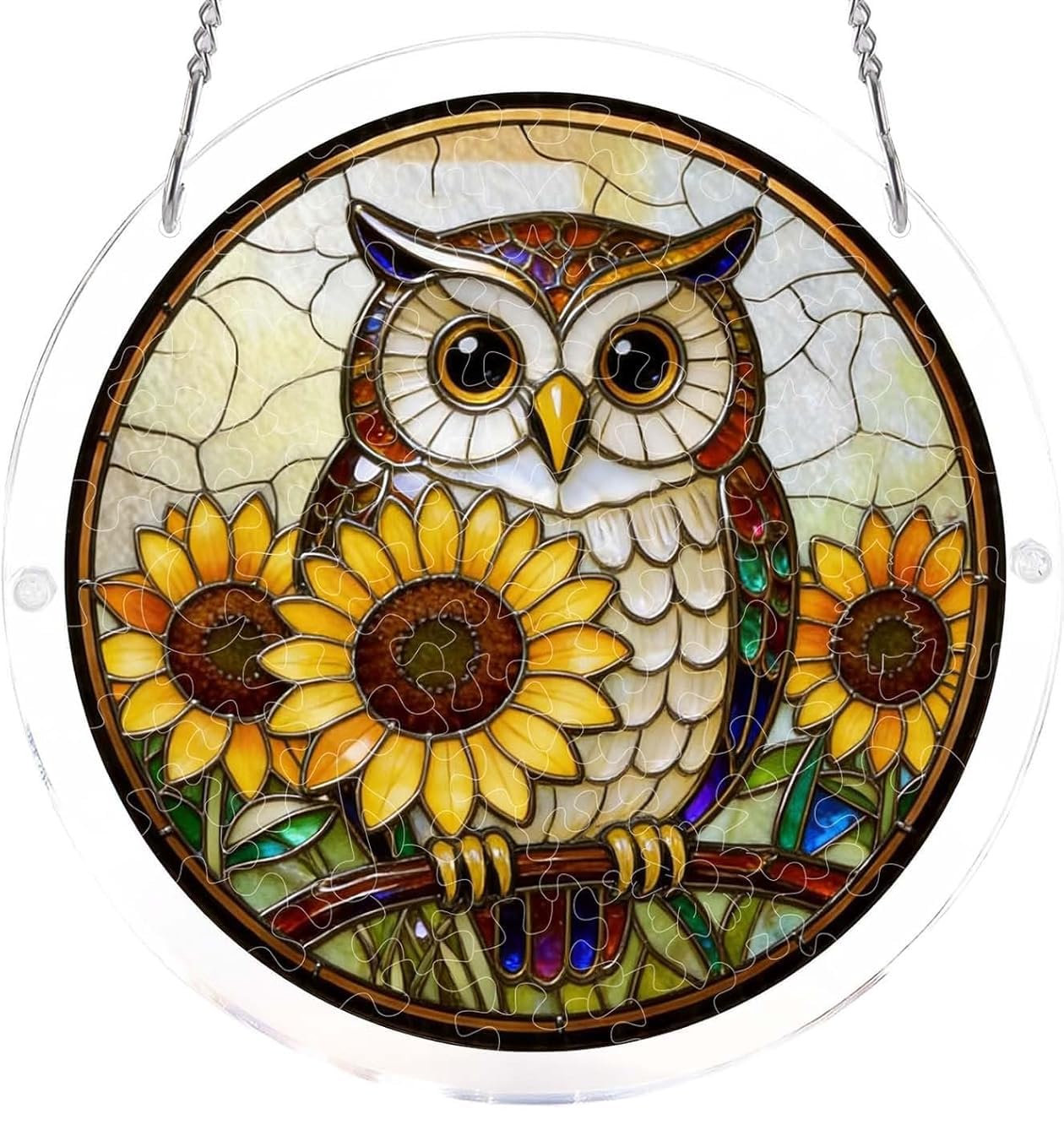Sunflower Owl Acrylic Jigsaw Puzzles Suncatcher, 7.4 Inch Window Hanging Suncatcher Acrylic Puzzle, DIY Home Decor Art Gift