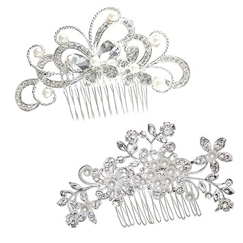 yueton Pack of 2 Bridal Wedding Silver Crystal Rhinestones Pearls Women Hair Comb
