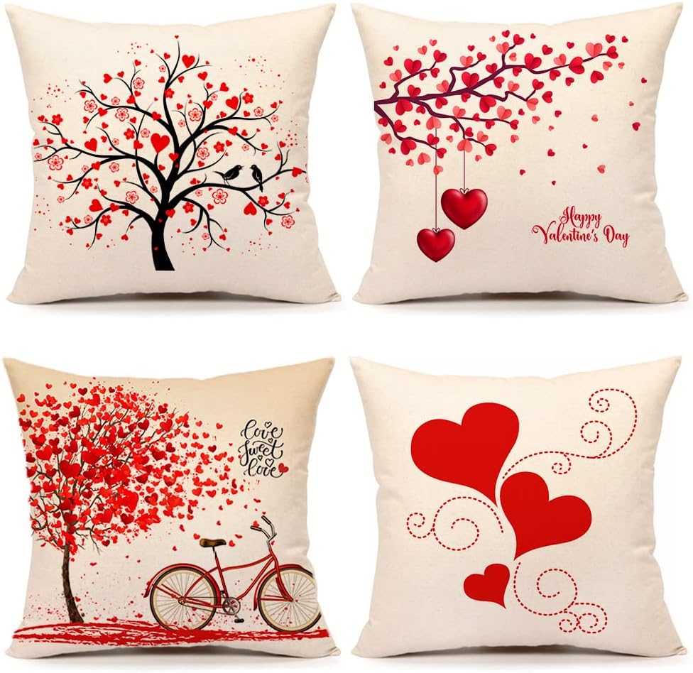 4TH Emotion Valentines Day Throw Pillow Covers 18x18 Set of 4 Red Love Heart Home Decorations Cushion Case for Sofa Couch Polyester Linen