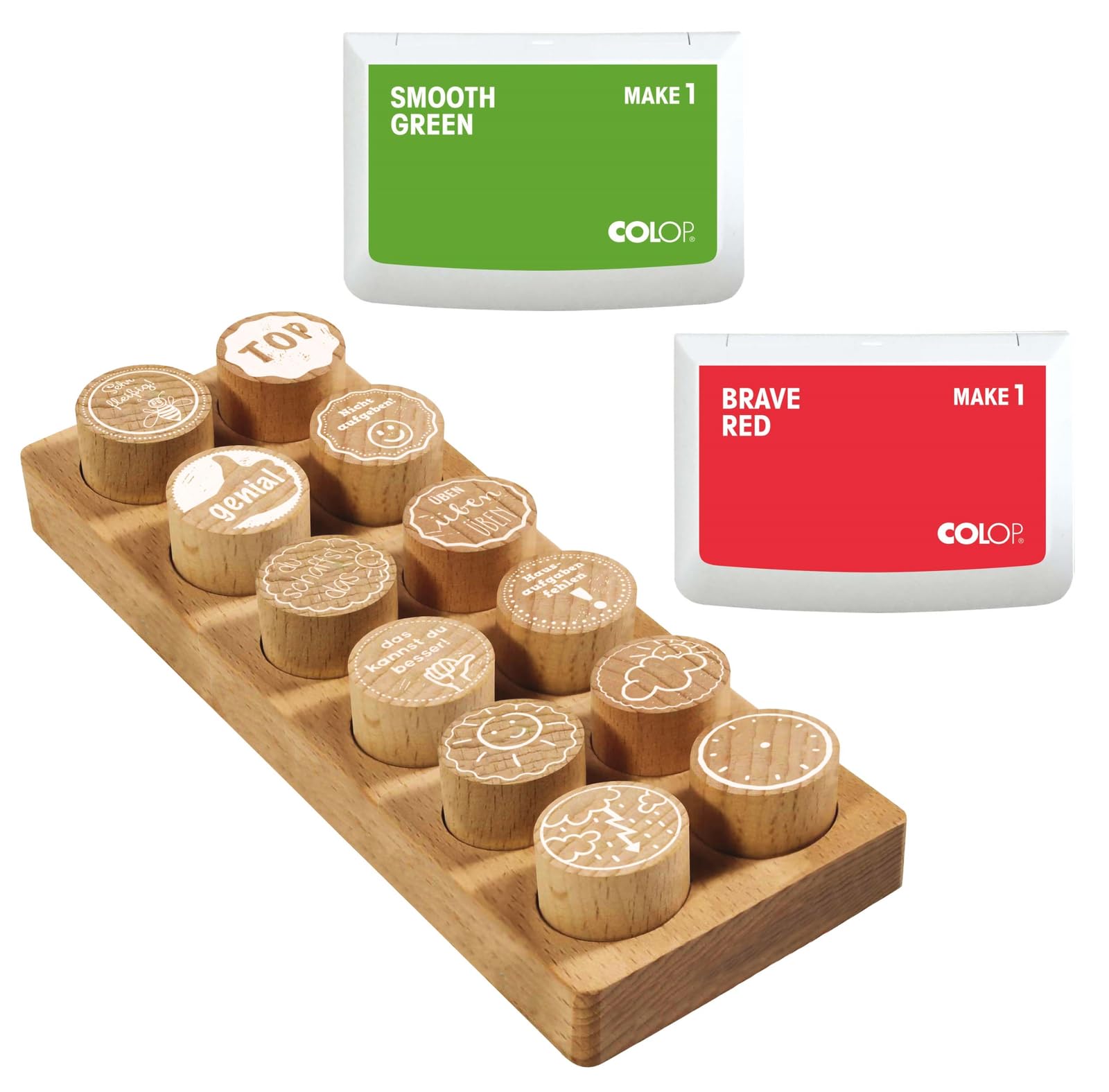COLOP Woodies set di timbri in legno "Motivation" con 12 motivi, timbro di riconoscimento e motivazione in legno di faggio, Ø 29 mm, incl. 2 tamponi d'inchiostro, rosso e verde, 50 x 90 mm