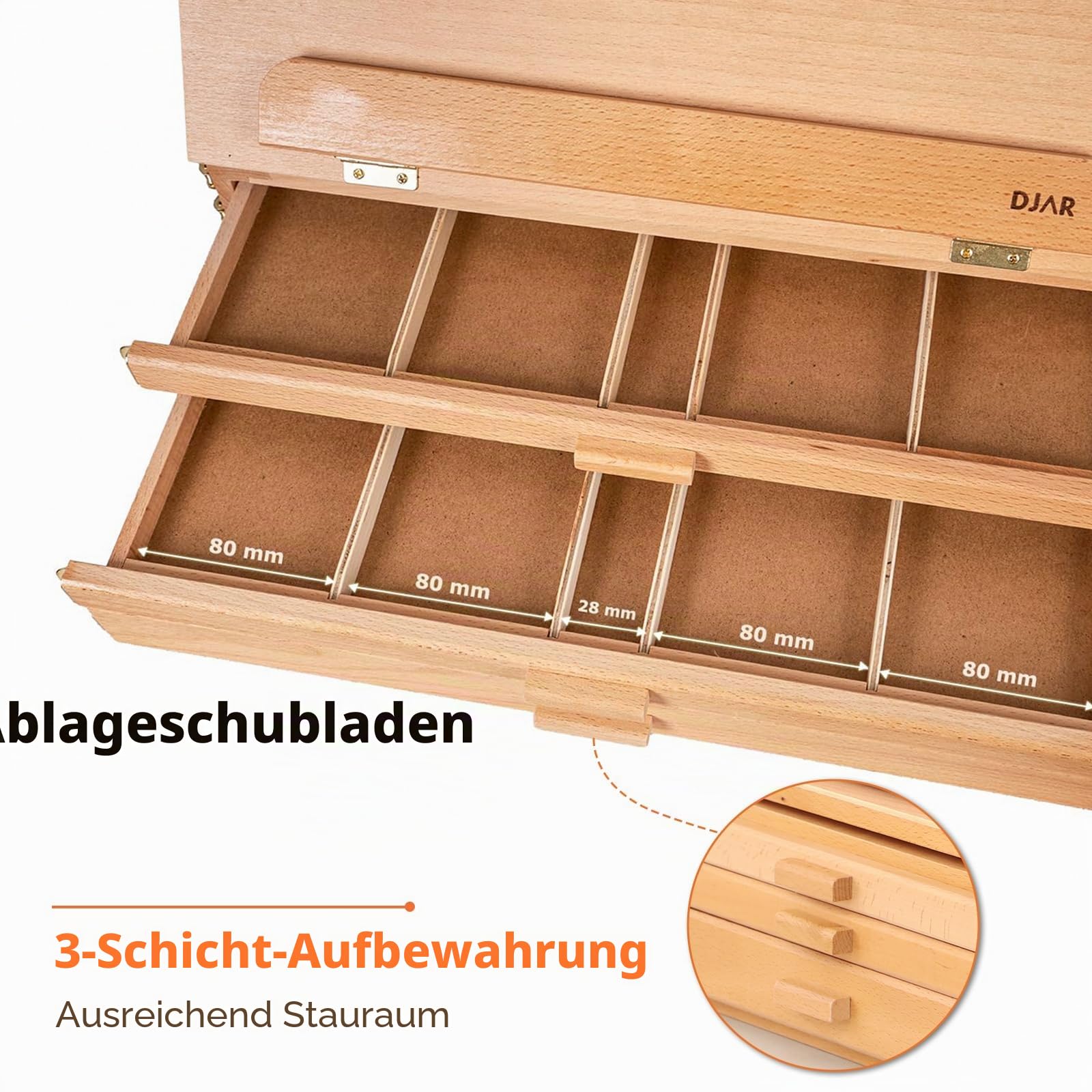 DJAR Tischstaffelei Holz mit 3 Schublade, Tisch-Skizzenbox aus Buchenholz, tragbare Künstler-Staffelei Tisch mit Aufbewahrungsbox für Erwachsene, Studenten, Teenager | Stabile Schreibtisch-Skizzenbox aus Buchenholz, für Erwachsene, Künstler und Studenten