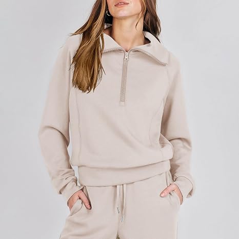 Ensemble Survêtement Femme 2 Pièces Lounge Set - Sweat Col Revers Demi-Zip + Pantalon Jogging Ample - Confort Automne Hiver