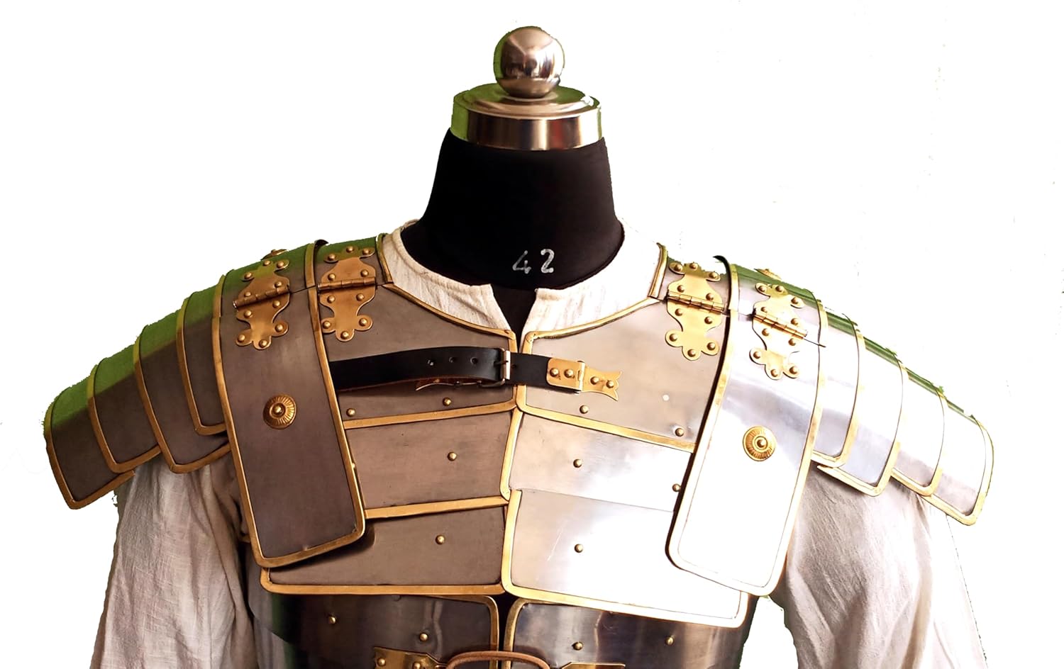 The Medievals Brass Trimmed Roman Lorica Segmentata Plate Armor Breastplate 18g Steel Reenactment Roman Body Armour Wearable Costume with Free Roman Tunic Worth USD 38