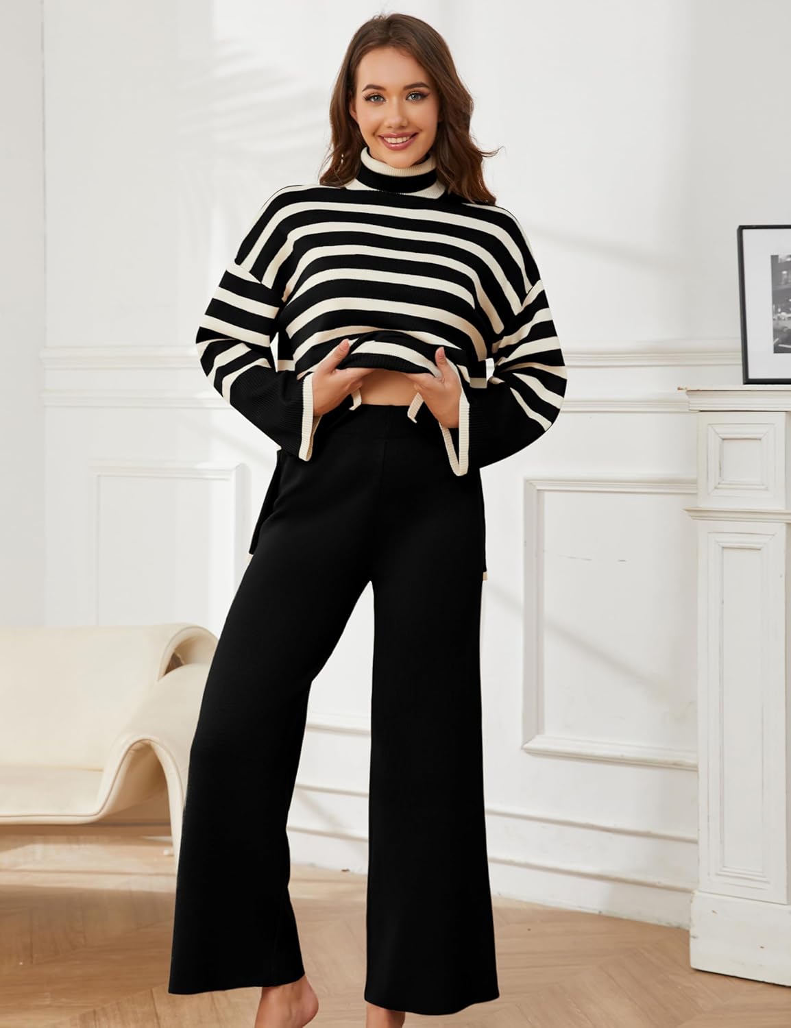 Tanming Women's Sweater Sets Long Sleeve Striped Jumper Tops Casual Knit Wide Leg Pants Sets - Image 4