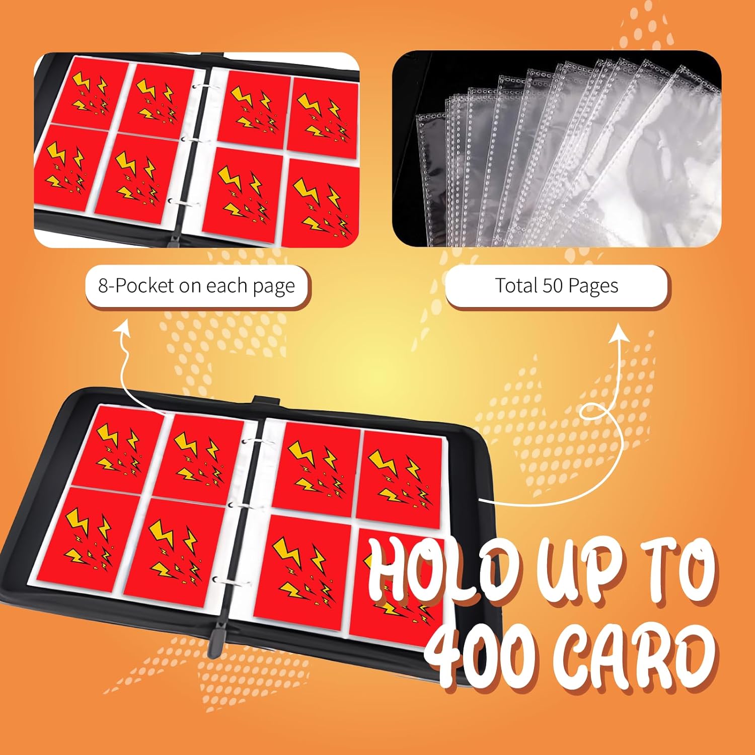 Trading Card Binder 4 Pocket,Card Binder 400 Pockets,2025-2026 Card Book Holder Cards with 50 Removable Sleeves,3-Ring Zip Design MTG/TCG/Sport Collectible Trading Card Albums Gifts