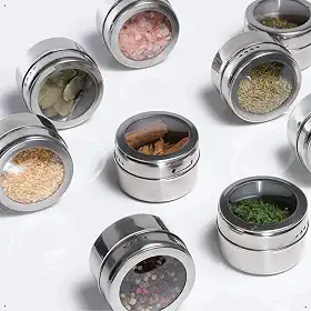 Kit 8 Potes Porta tempero e condimento magnético para geladeira e Armario de Cozinha em inox Com Imã