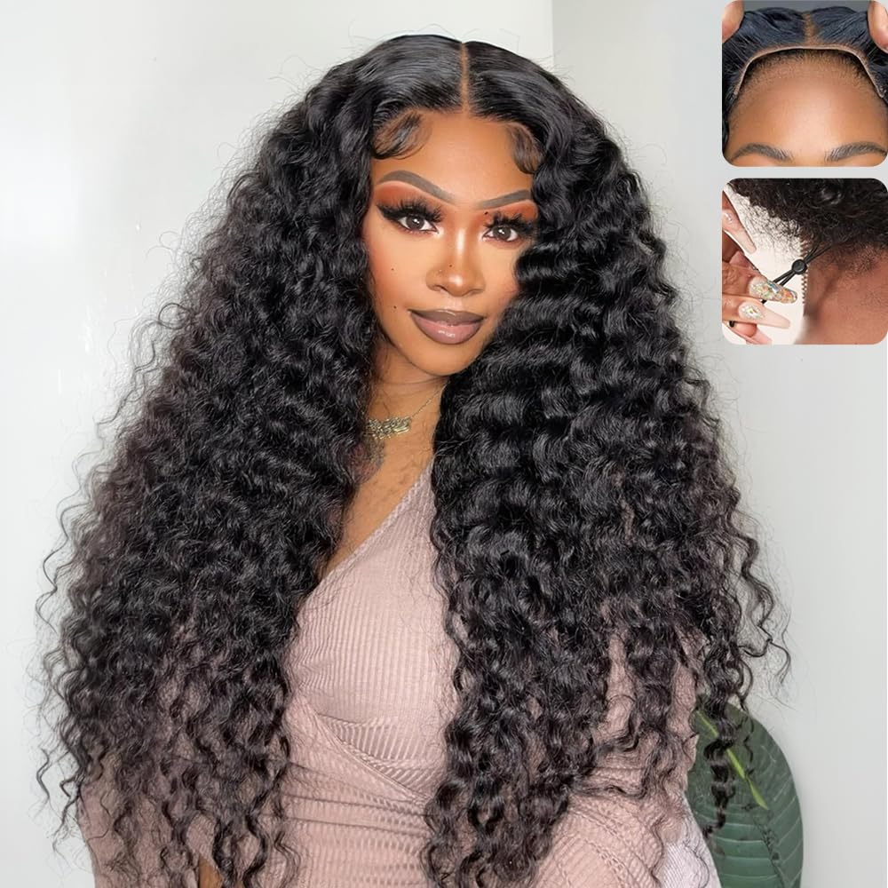 QUANDIAN Wear and Go Glueless Wigs Human Hair Pre Plucked Pre Cut 7x5 HD Lace 210% Density Deep Wave Lace Front Wigs Human Hair 26 Inch No Glue with Drawstring