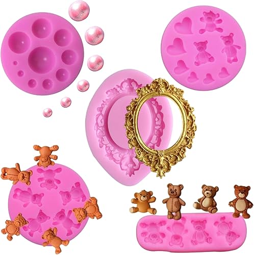 5 moldes de silicona para fondant de oso y bolas de fondant de perlas 3D, semiesferas de chocolate, marcos de fotos de silicona para ositos de