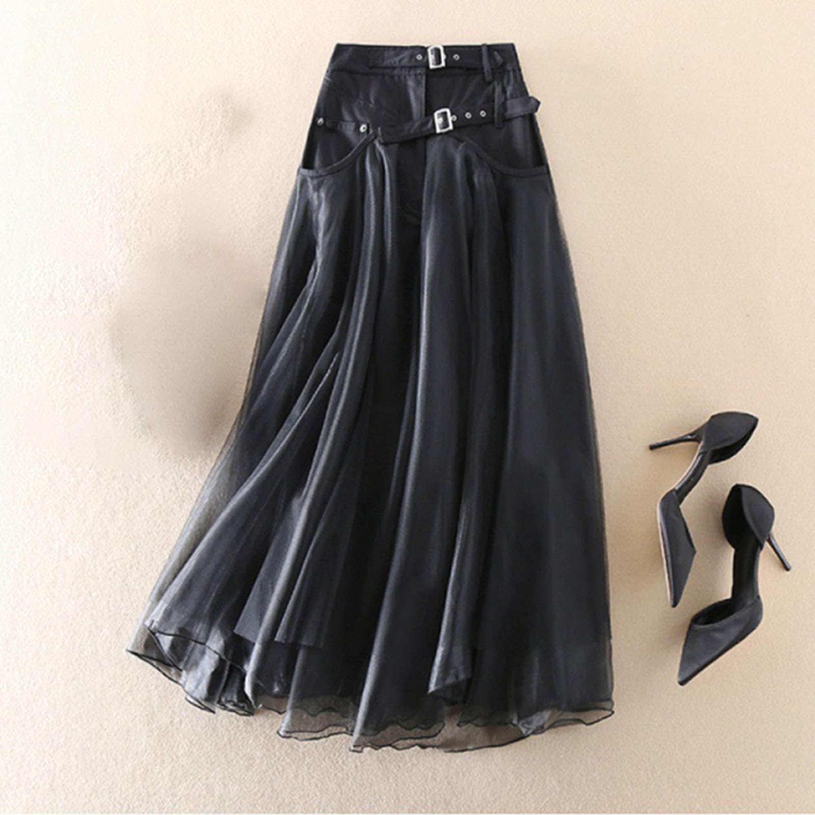 Gonne in tulle da donna UK A Line Maxi gonna tinta unita elastica in vita maxi gonne con tasche a vita alta svasata gonna a pieghe svasata gonna a pieghe leggera traspirante abiti casual da