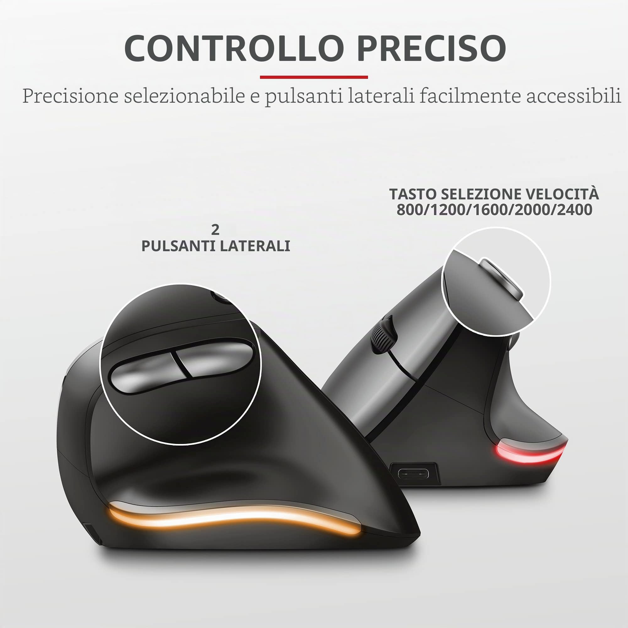 Trust Bayo Mouse Verticale Wireless Ricaricabile, Mouse Ergonomico Senza Filo, 800-2400 DPI, RF 2.4GHz, 6 Pulsanti, Ricevitore USB, Portata 10 m, Luce RGB, per PC, Computer, Laptop, Mac - Nero