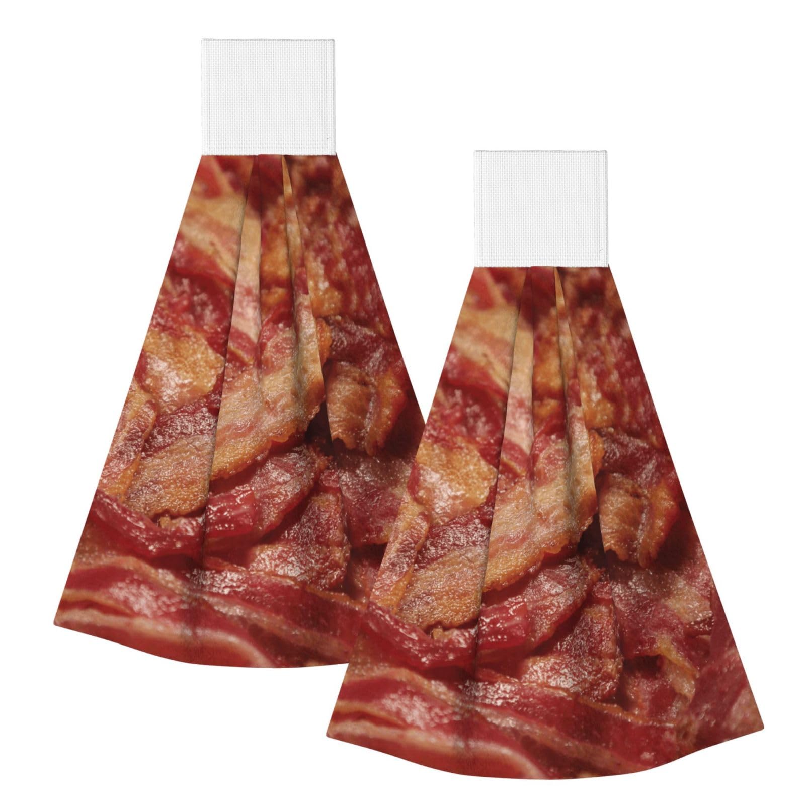 DOPKLNA Delicious Bacon Background, 2 Pcs Hanging Coral Fiber Hand Towels for Bathroom, Absorbent Kitchen Towels