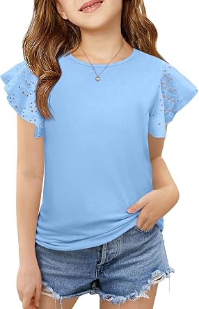 ZDC Girls Ruffle Sleeve T Shirts Eyelet Tee 5-14 Years