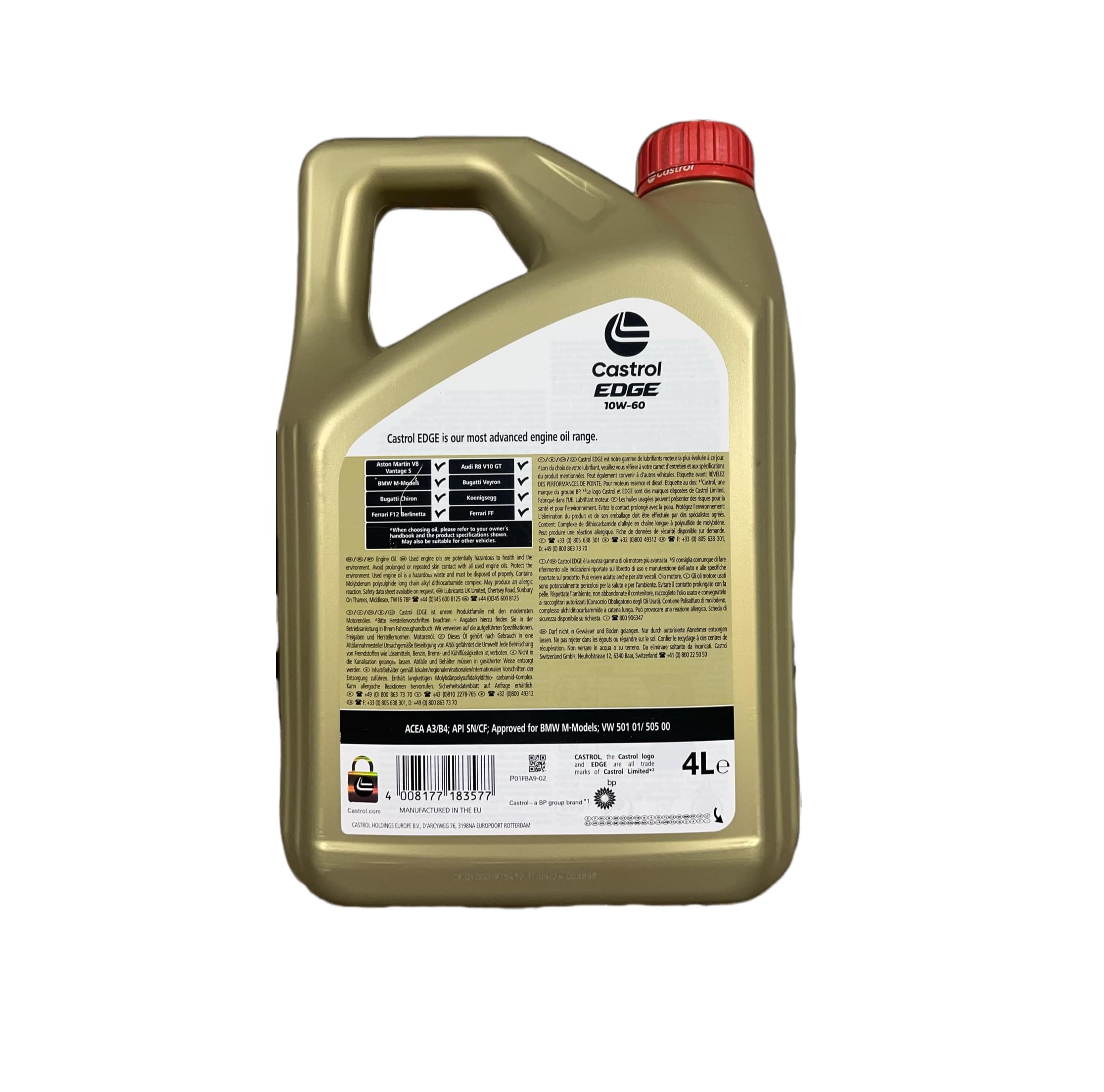 CASTROL Aceite de motor 10W-60 EDGE Aceite sintetico ACEA A3/B4 API SN API CF Titanium 4L Compatible con NISSAN Qashqai II J11, J11, SKODA Fabia II Combi 545, TOYOTA Yaris Hatchback P13, VW