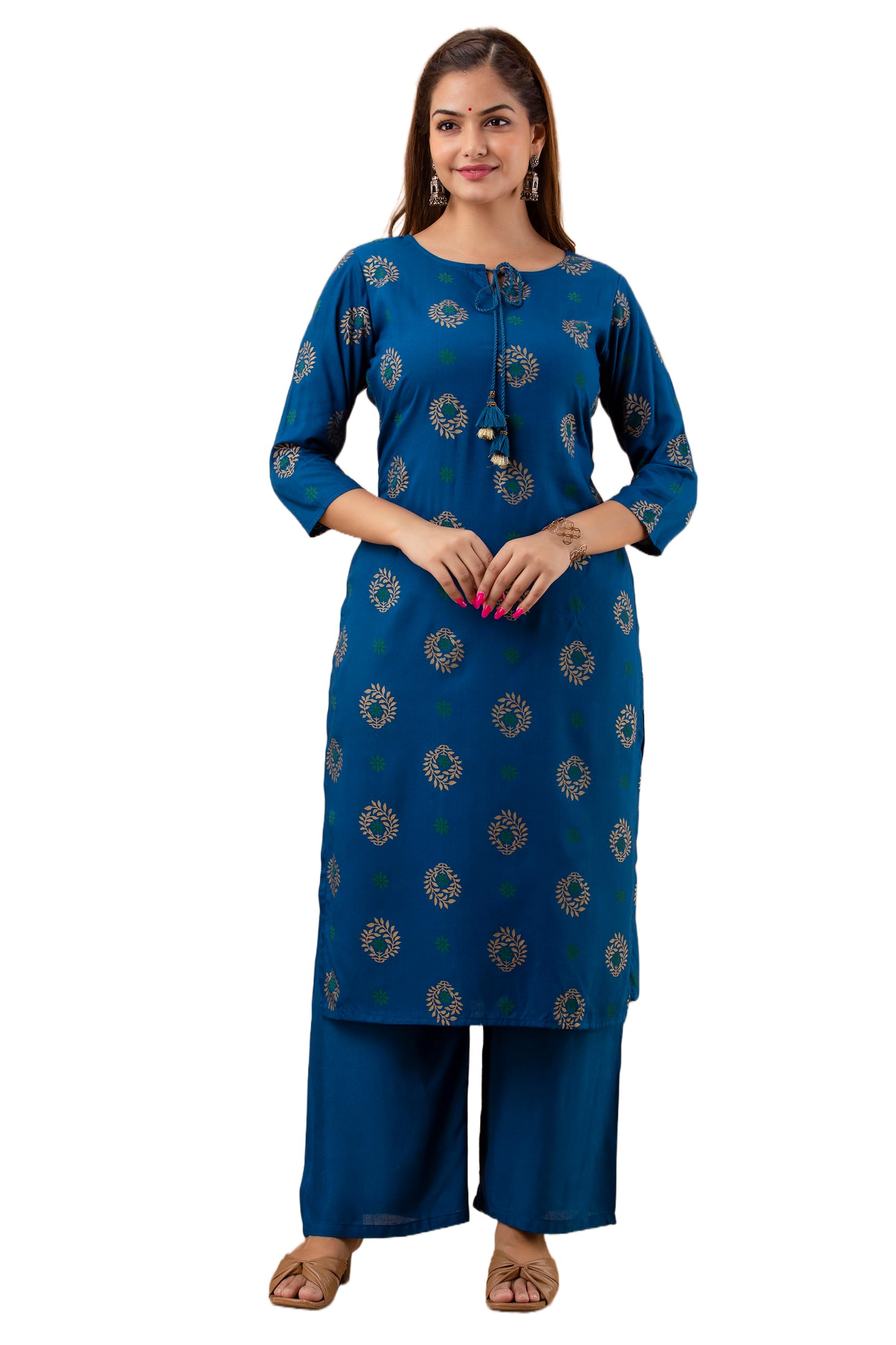 Fashion Leader Women's Rayon A-line Printed Long Kurti with Pant | Comfortable and Relaxed Fit |Women Kurti Top Long & Pant