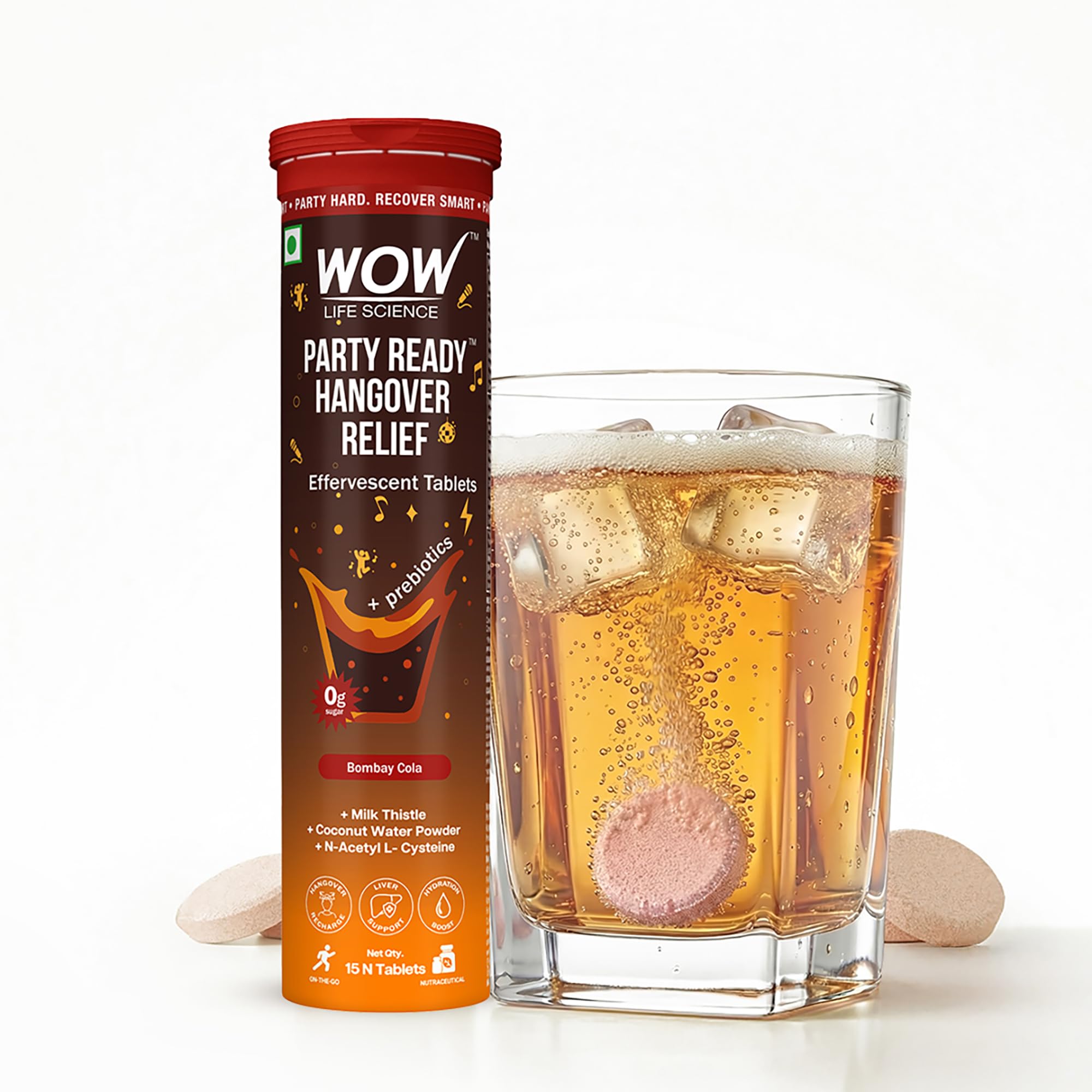 WOW Life Science Party Ready Hangover Relief Effervescent Tablets | Post-Party Recovery Drink with NAC, Milk Thistle, Electrolytes & Prebiotics | Zero Sugar Rehydration, Liver Support & Morning-After Clarity | Bombay Cola | 15 Tablets-image-24