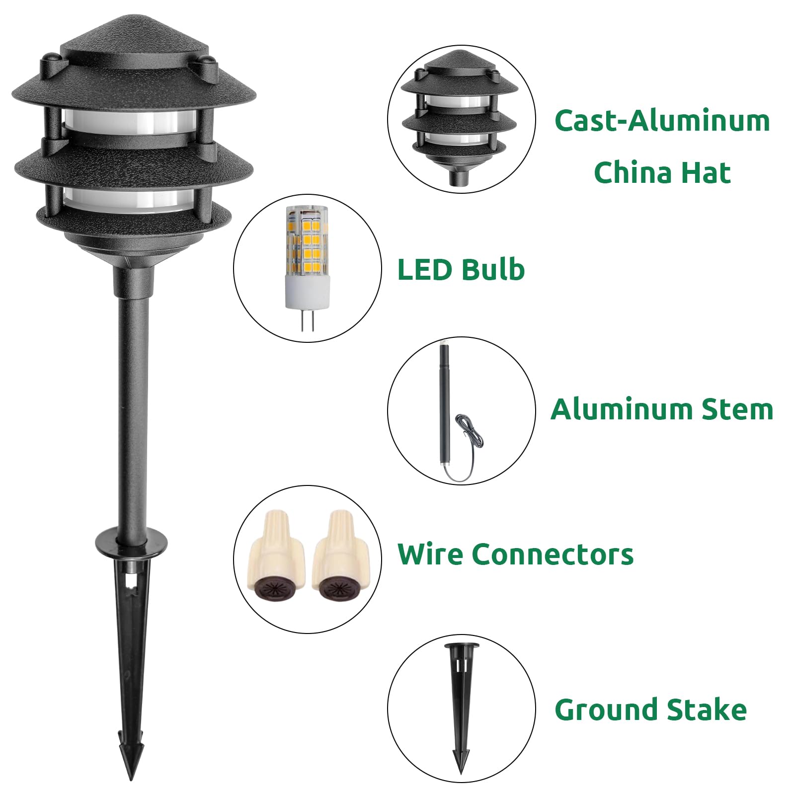 Lumina Lighting® Low Voltage Landscape Lighting Cast-Aluminum Pagoda Path and Area Light Warm White 4W G4 LED Bulb and ABS Ground Stake Included for Yard Walkway Lawn PAL0103-BkLED6 (Black,6-Pack)