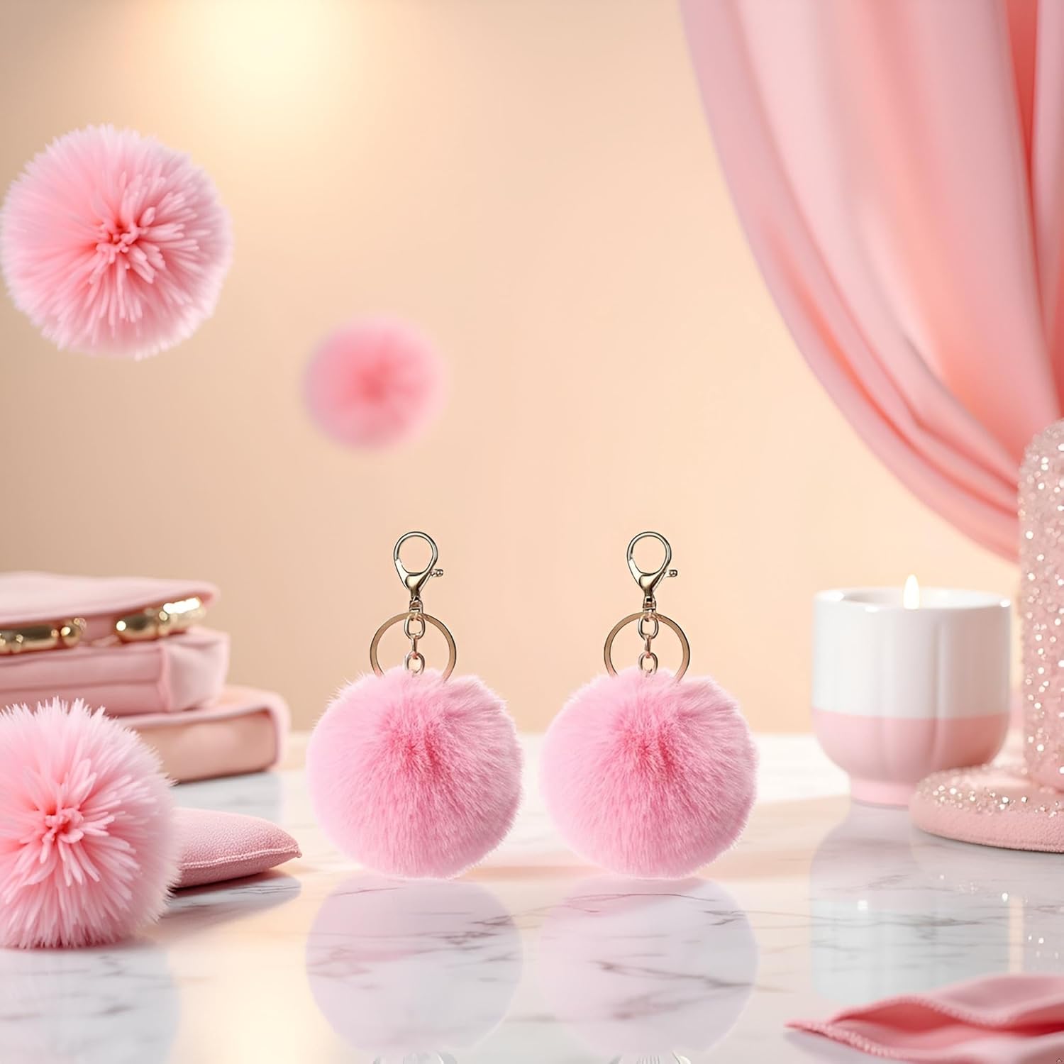 2 Pcs Pink Cute Pompom Keychains Fluffy Faux Fur Ball Keychain Artificial Faux Rabbit Fur Keychain Fluffy Plush Ball Bag Hanging Pendant Purse Charm Key Holder Women Accessories - Image 4